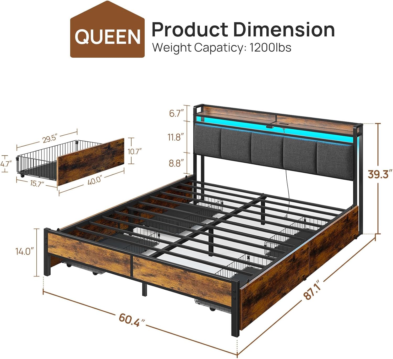 Rolanstar Bed Frame Queen Size with Charging Station and LED Lights, Upholstered Storage Headboard with Drawers, Heavy Duty Metal Slats, No Box Spring Needed, Easy Assembly, Rustic Brown