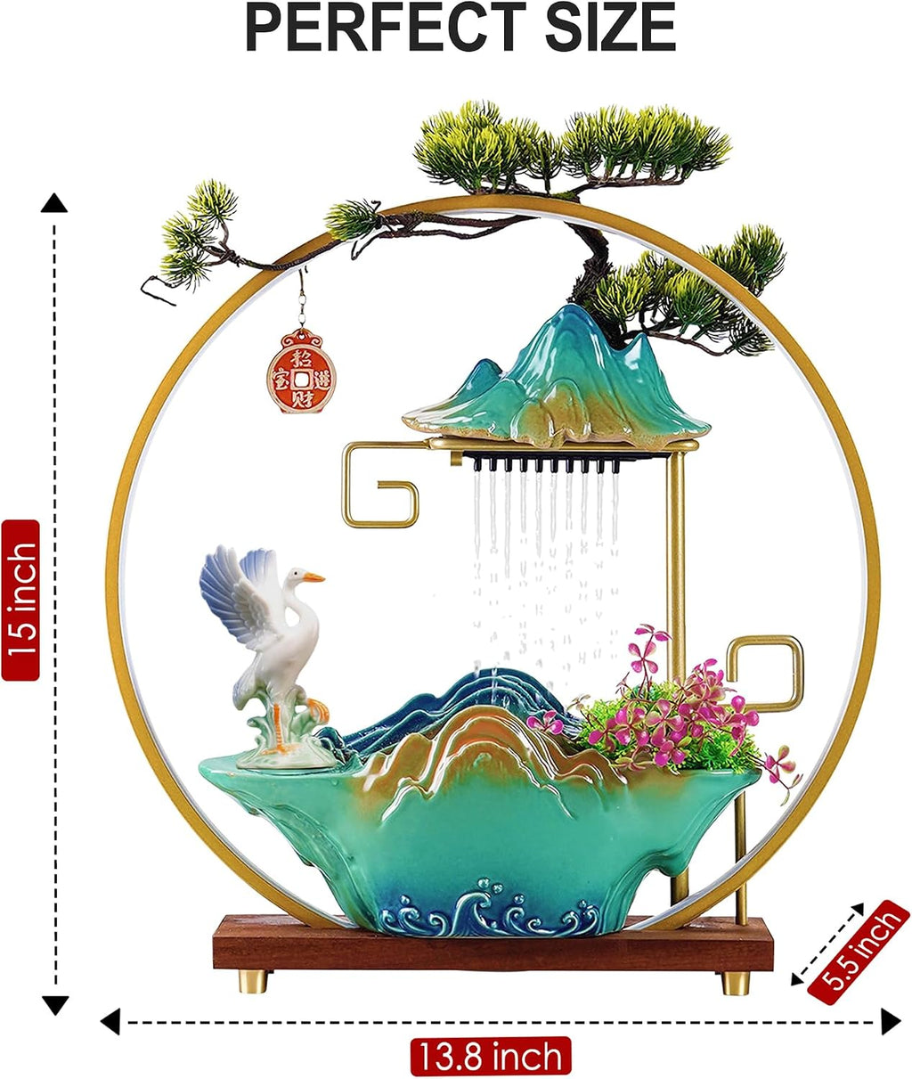 Crane Tabletop Indoor Fountain, Waterfall Fountain, Incense Burner, Feng Shui Decor for Good Luck Wealth, Ceramic Fountain with LED Light Zen Decor for Meditation Relaxation (Crane)