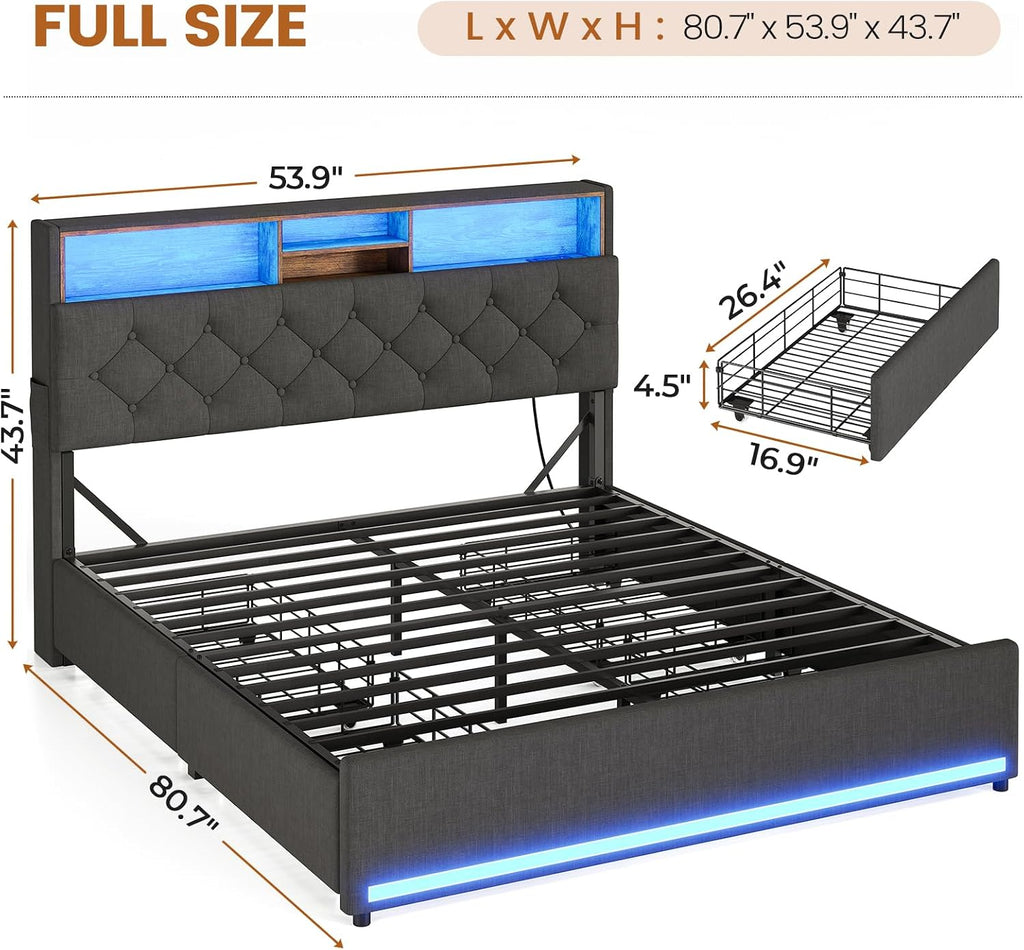 BTHFST Full Size Bed Frame with 4 Drawers & Charging Station, LED Bed Frame Full Size with Hidden Storage Headboard, Upholstered Metal Bed Full, No Box Spring Needed, Dark Grey
