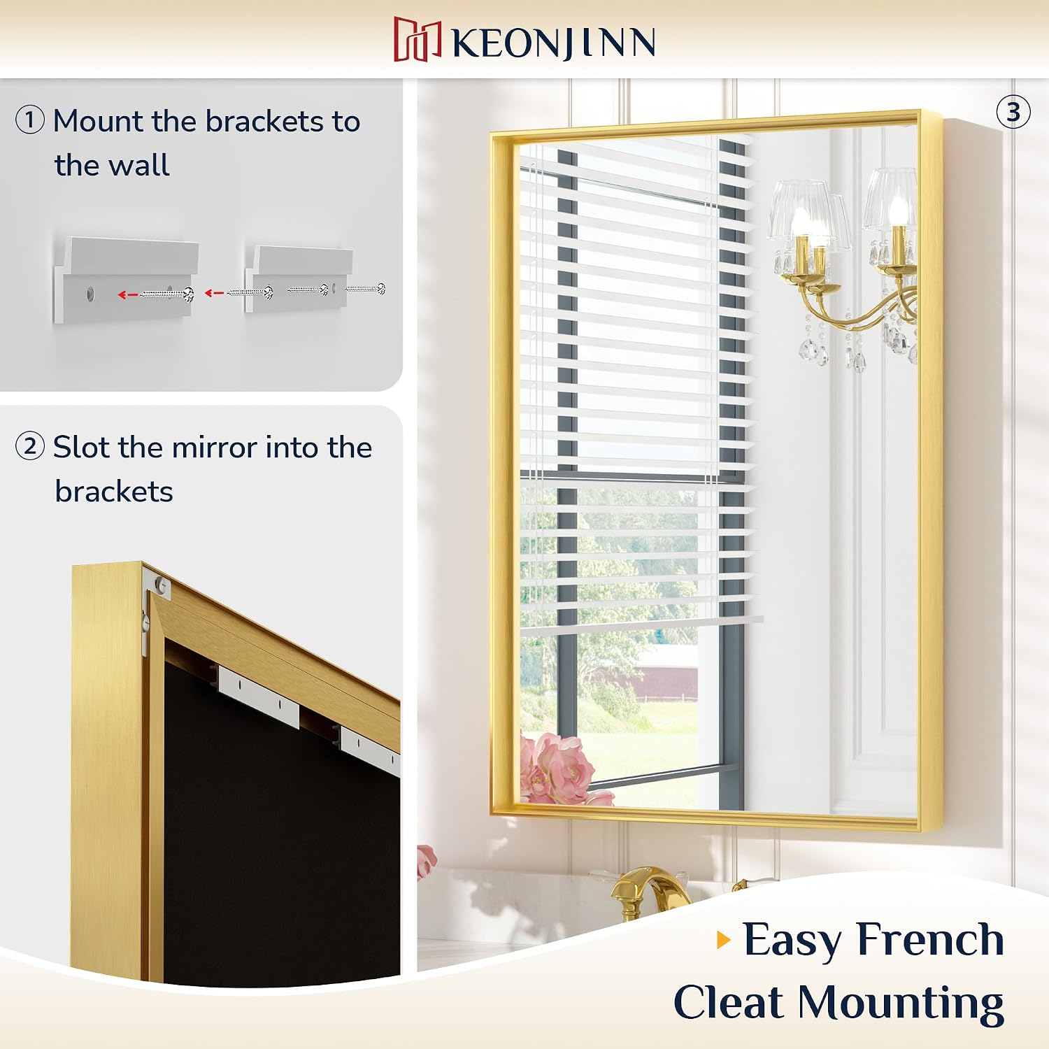 Keonjinn Gold Bathroom Mirror 48 x 30 Inch, Large Gold Trimmed Wall Mirror, Metal Framed Mirrors for Over Sink, Modern Farmhouse Rectangle Vanity Mirrors(Horizontal/Vertical)