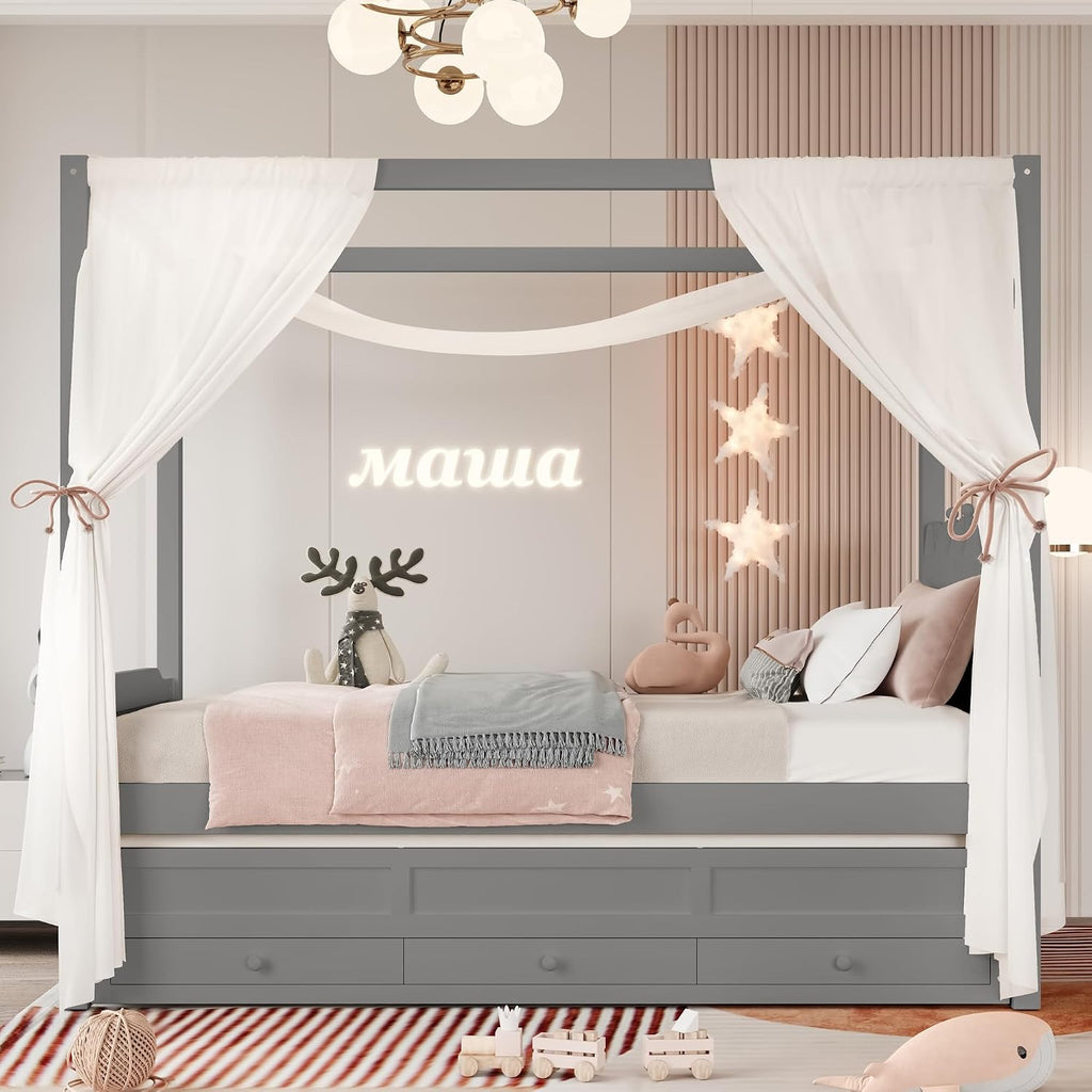 Twin Size Wood Canopy Bed with Upholstered Headboard, Twin Size Trundle and 3 Drawers, No Box Spring Needed (Gray, Twin)