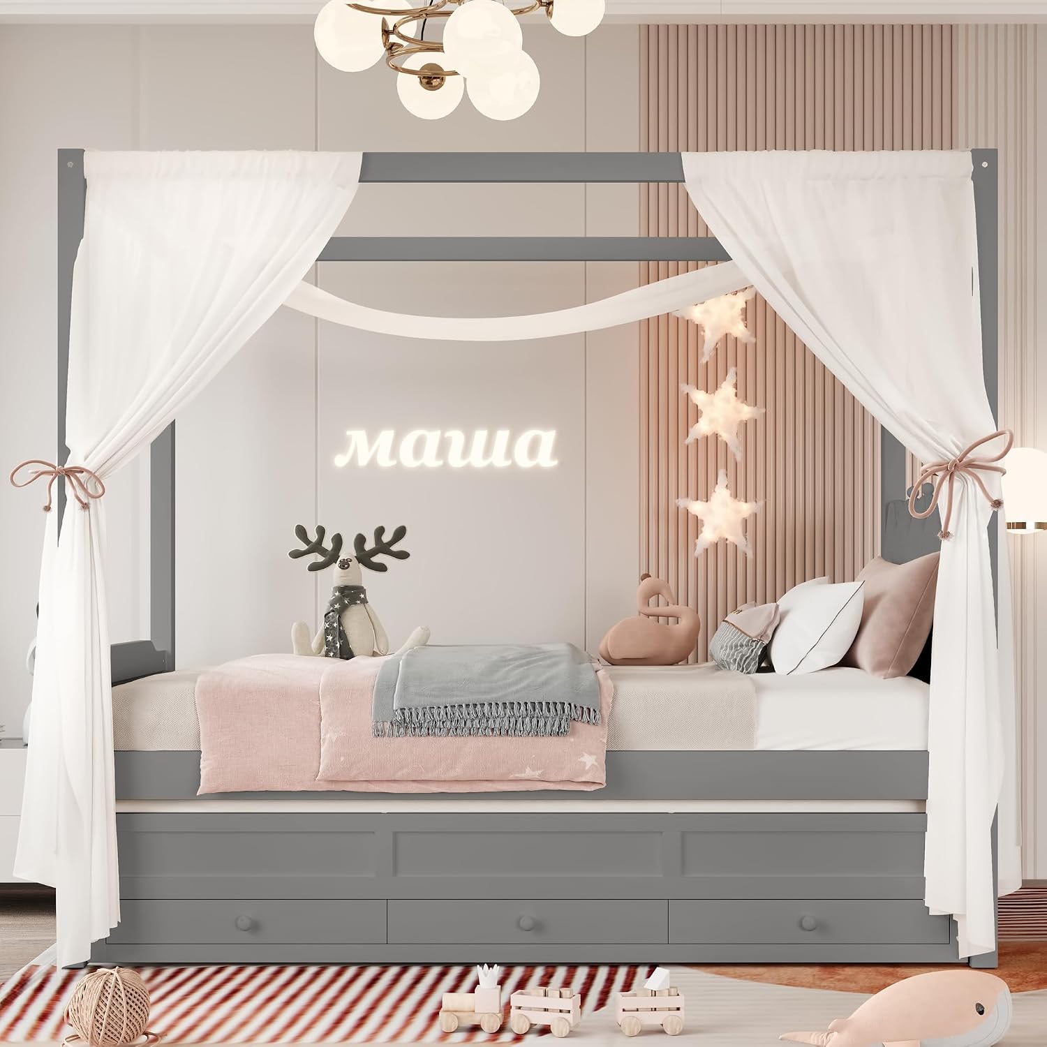 Twin Size Wood Canopy Bed with Upholstered Headboard, Twin Size Trundle and 3 Drawers, No Box Spring Needed (Gray, Twin)