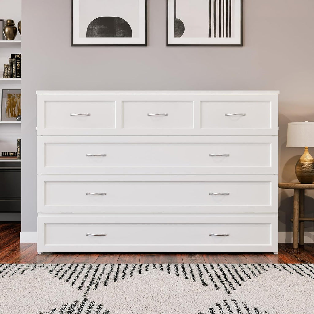 AFI Northfield Queen Size Murphy Bed Chest with Mattress, Storage, & Built-in Charger in White
