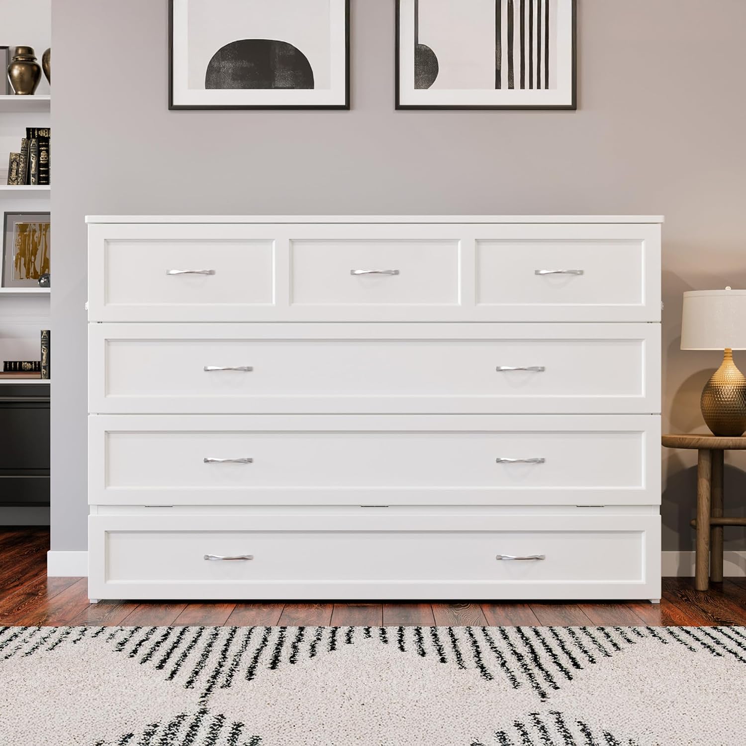 AFI Northfield Queen Size Murphy Bed Chest with Mattress, Storage, & Built-in Charger in White