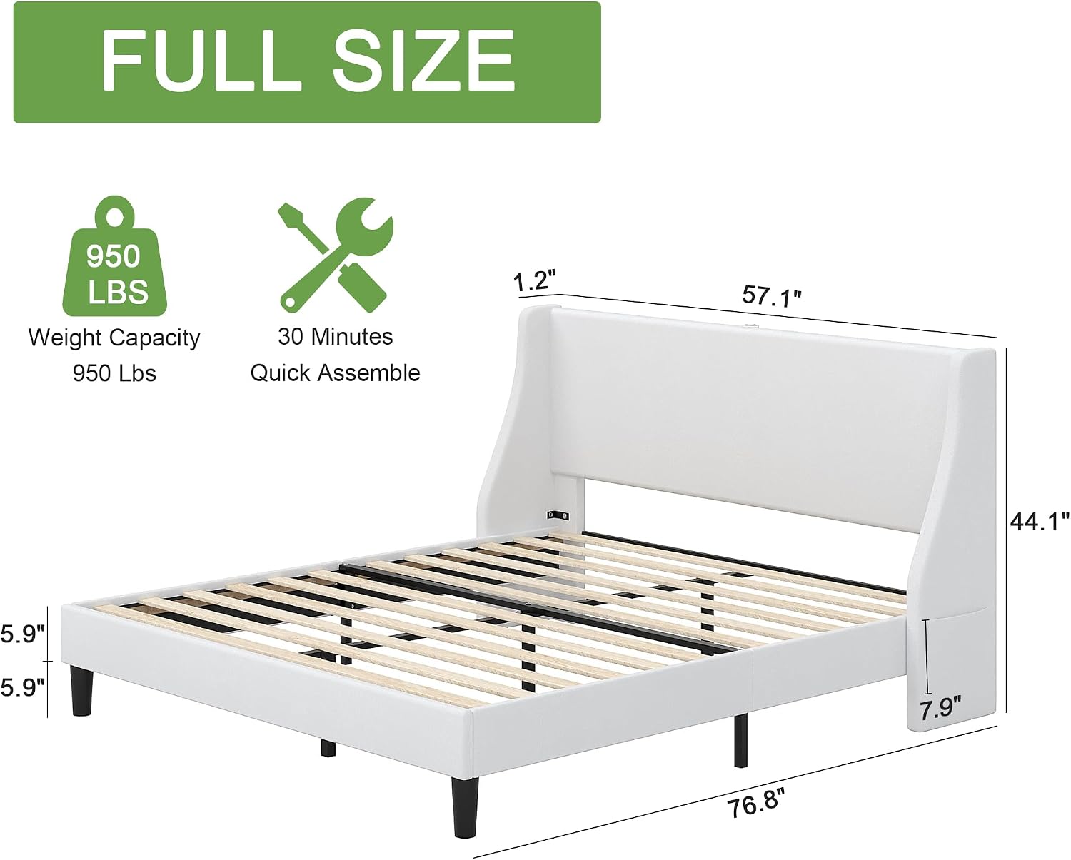 VECELO Full Bed Frame with Upholstered Wingback Headboard, Heavy-Duty Platform Bedframe with Charging Station & Side Pockets, No Box Spring Needed, White