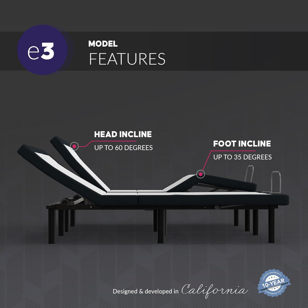 Blissful Nights Queen e3 Adjustable Bed Frame - Customizable Comfort with Wireless Remote Control, Head and Foot Incline, Easy Assembly, and 10 Year Warranty