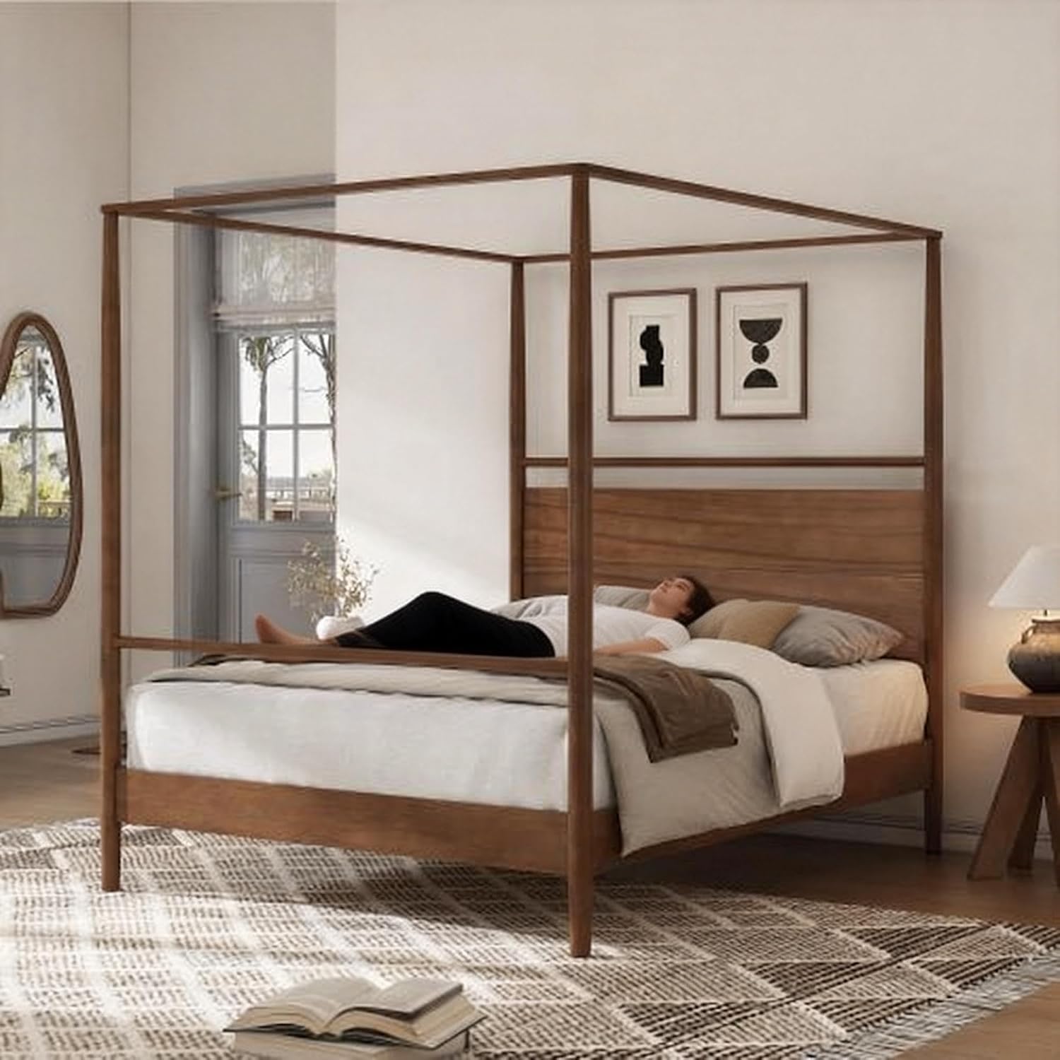 Queen Size Canopy Bed Frame with Headboard, Four-Poster Wood Platform Bed, No Box Spring Needed ﻿(Queen)