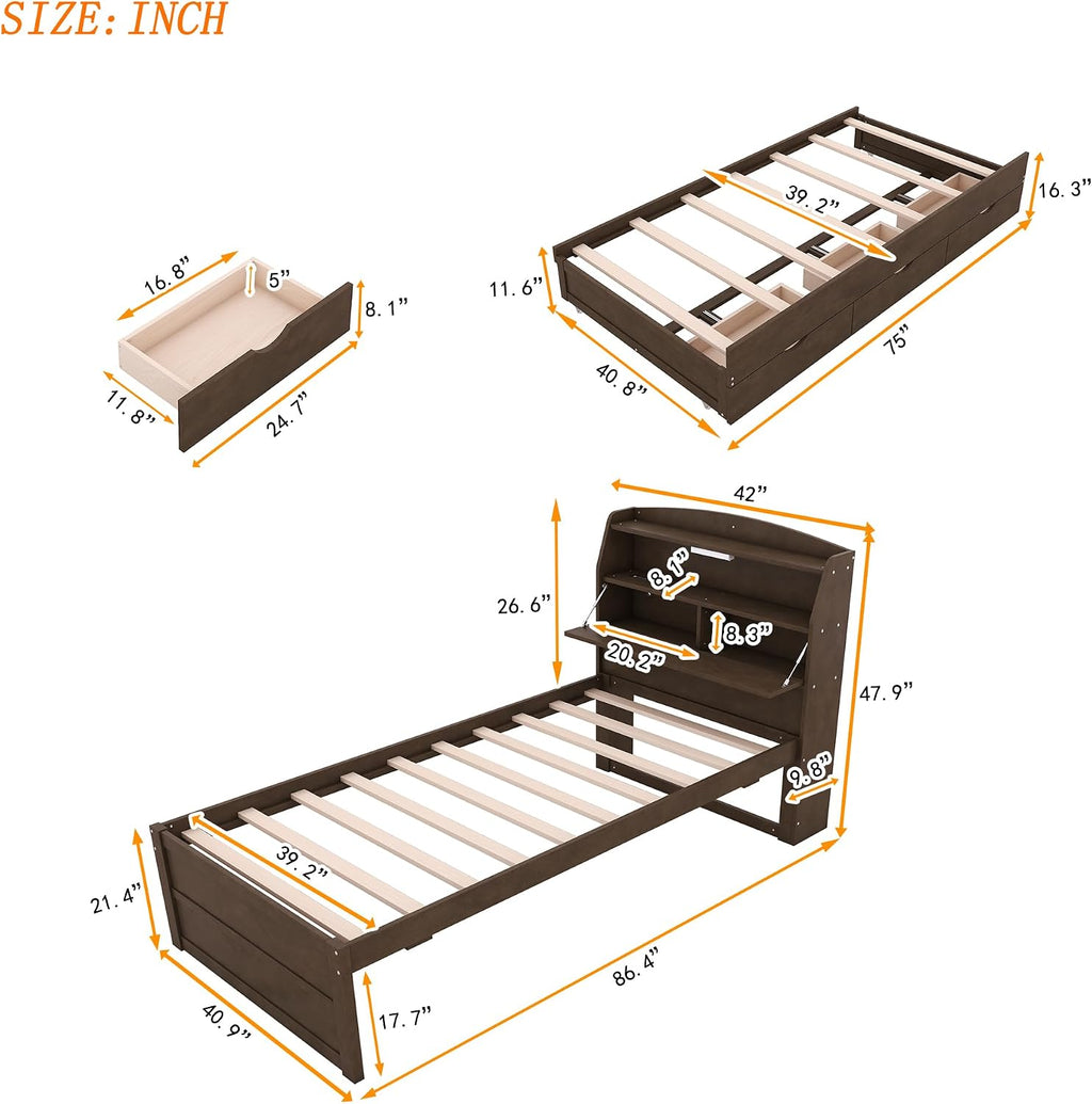 VilroCaz Modern Multi-Function Twin Size Platform Bed with Trundle and 3 Drawers, Wood Captain Platform Bed Frame with Storage Headboard and Night Light, Maximized Space