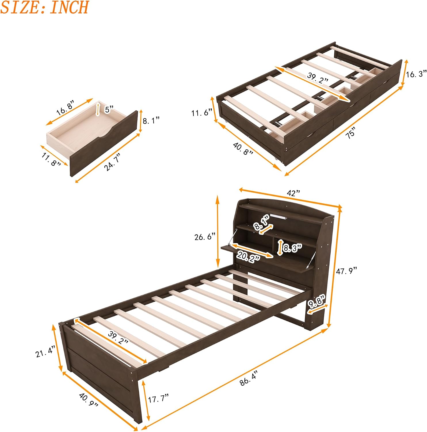 VilroCaz Modern Multi-Function Twin Size Platform Bed with Trundle and 3 Drawers, Wood Captain Platform Bed Frame with Storage Headboard and Night Light, Maximized Space