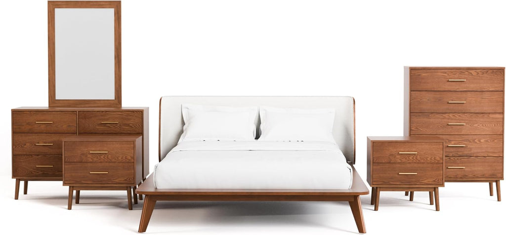 Furniture of America Wyatt Modern Solid Wood Bedroom Collection with Queen Bed Frame, Nightstands, Dresser with Mirror, Chest, No Box Spring Needed, Walnut, Boucle Wingback Low Profile, 6-Piece Set