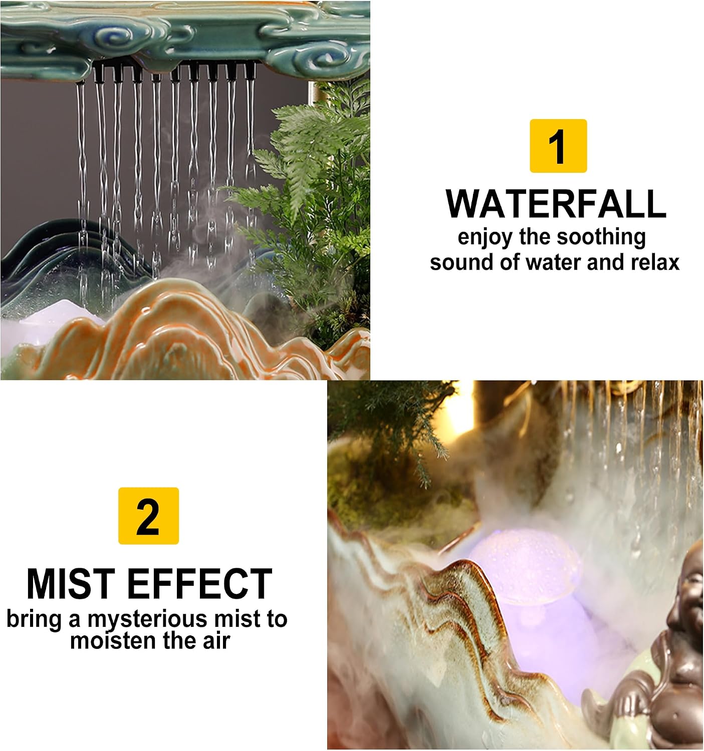 Peacock Tabletop Indoor Waterfall Fountain, Incense Burner, Feng Shui Decor for Good Luck Wealth, Ceramic Fountain with LED Light Zen Decor for Meditation and Relaxation