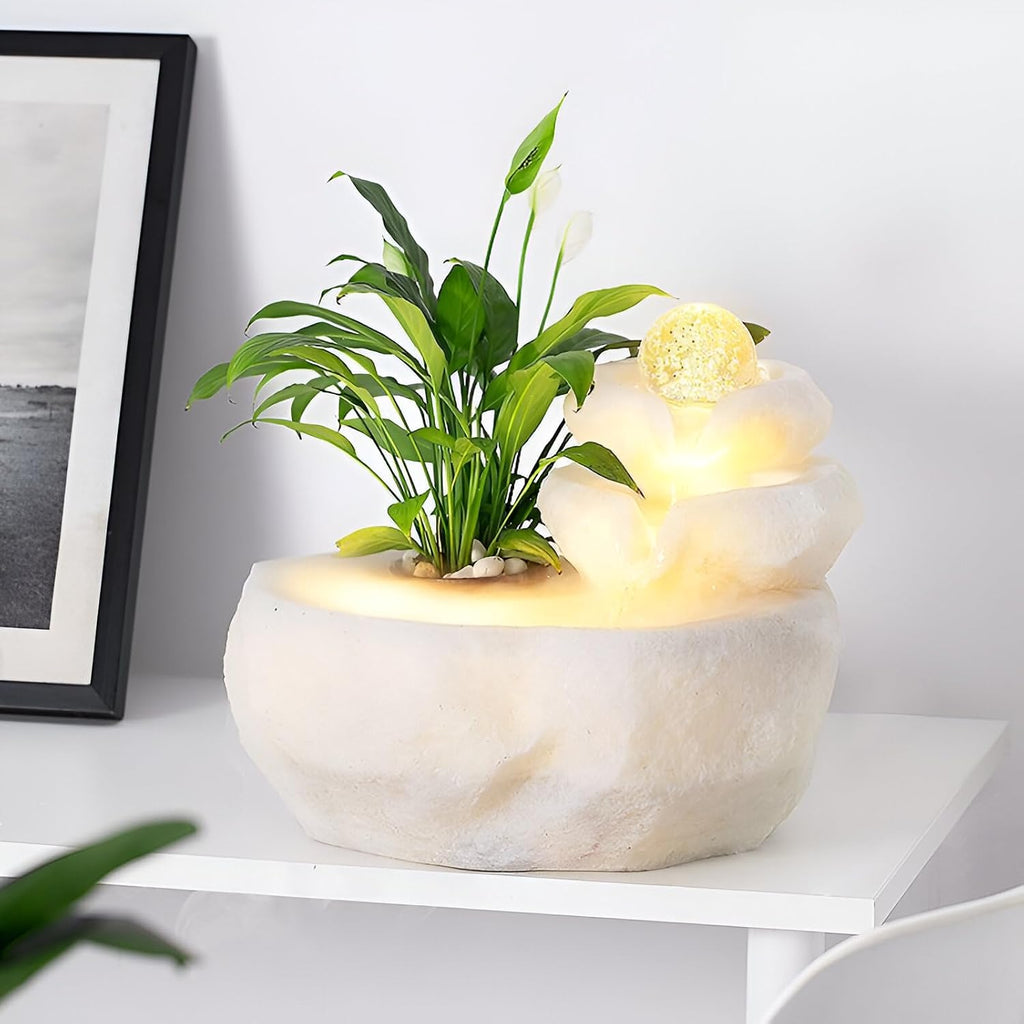 11.42' Indoor Tabletop Fountain with 3-Tier Flow, RGB LED Lights, Decorative Bubble Ball, Mist Maker & 10 Natural Crystals – Zen Resin Waterfall for Home Office Decor & Meditation (White)