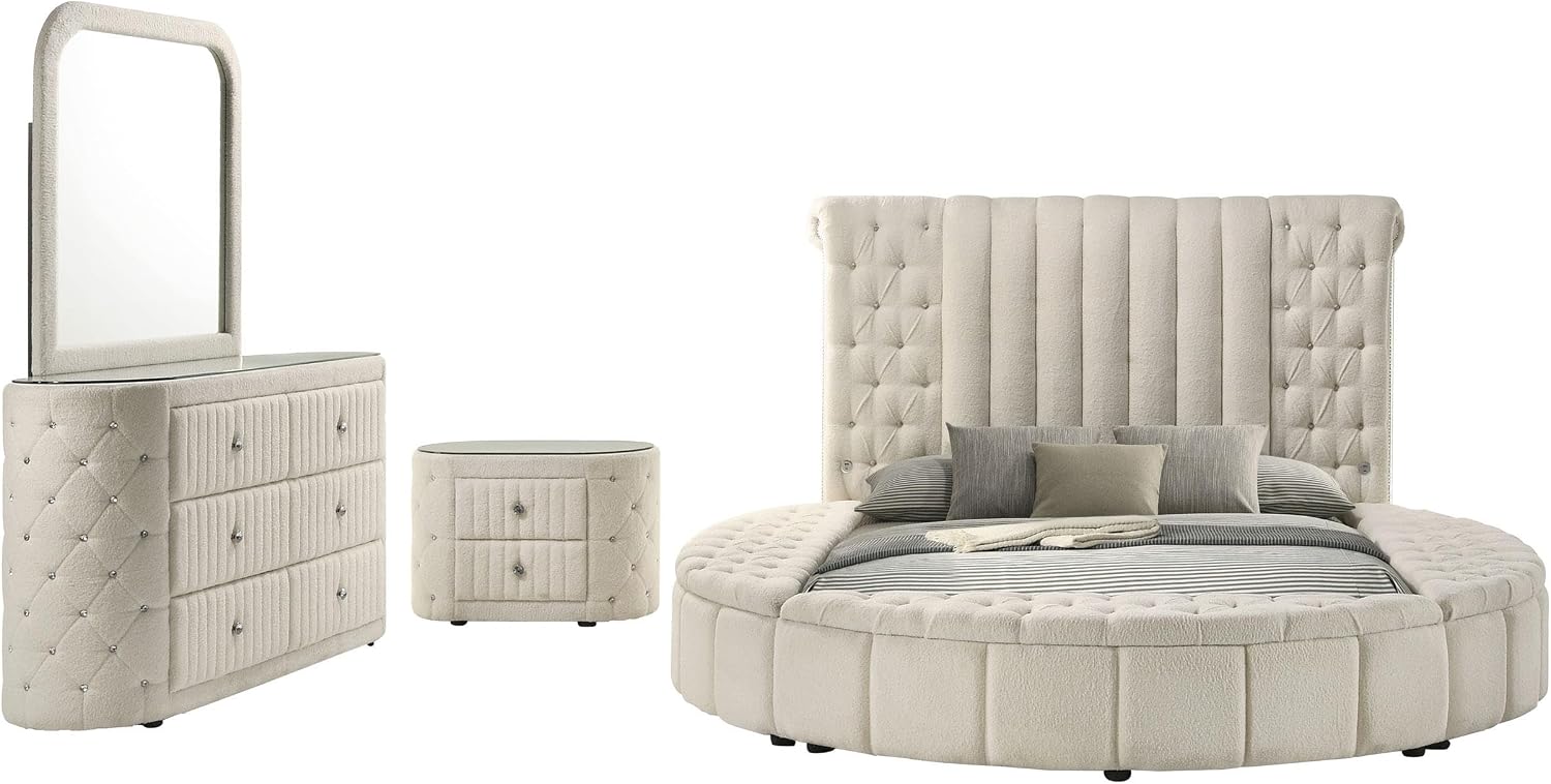 Coaster Home Furnishings - Sonya - Wood - 4-Piece Bedroom Set with Round Bed, Scroll-Back Headboard, USB Ports and Modern Classic Style - Bedroom - Eastern King Size - Ivory - 360111KE-S4