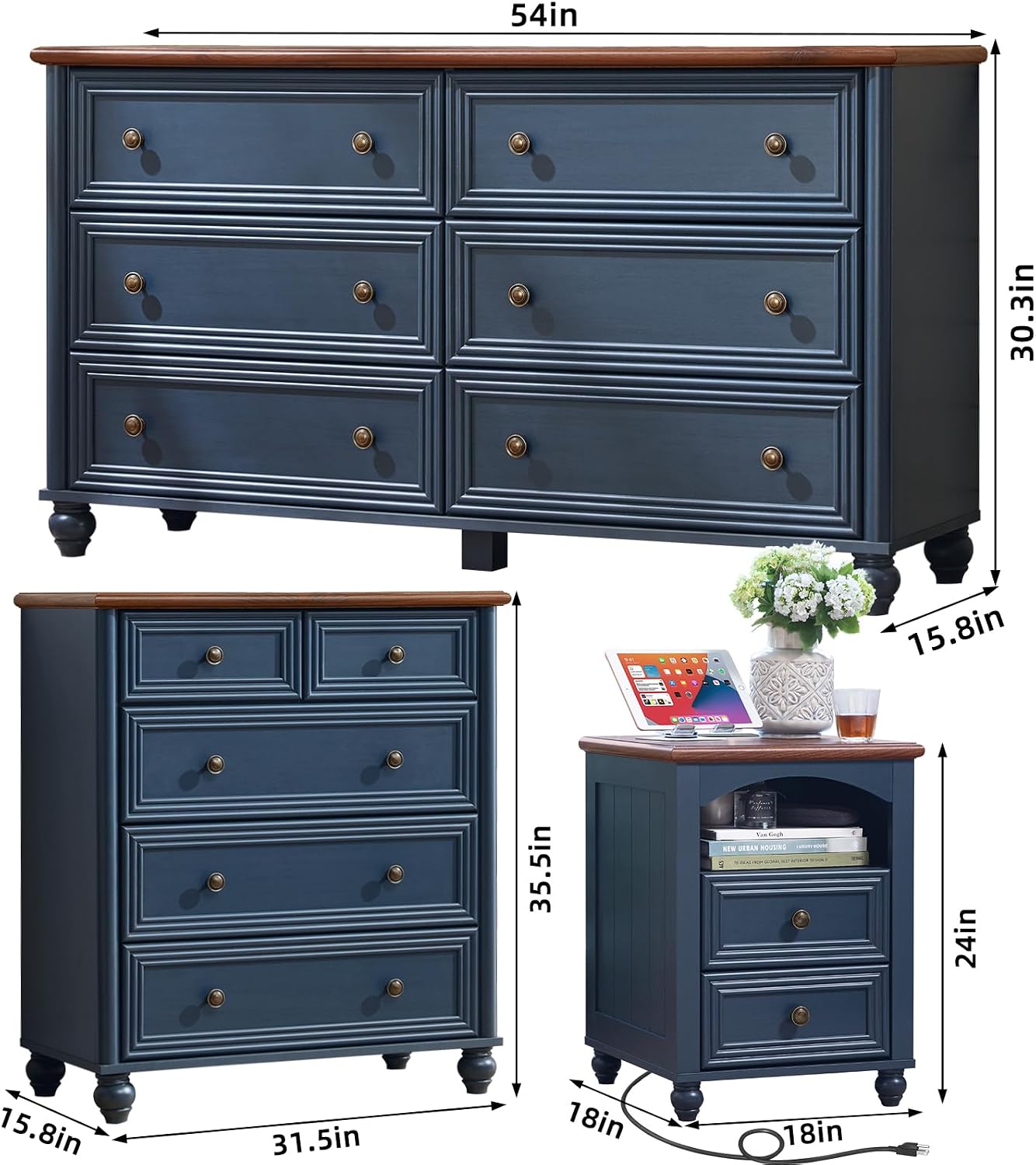 Farmhouse Dressers & Night Stand Set of 3, Wood 54' Wide 6 Drawer Dresser & 35.5'Tall Chest of Drawers, 18' with Charging Station Nightstand, Bedroom Furniture Dresser Set for Home Living Room Hallway