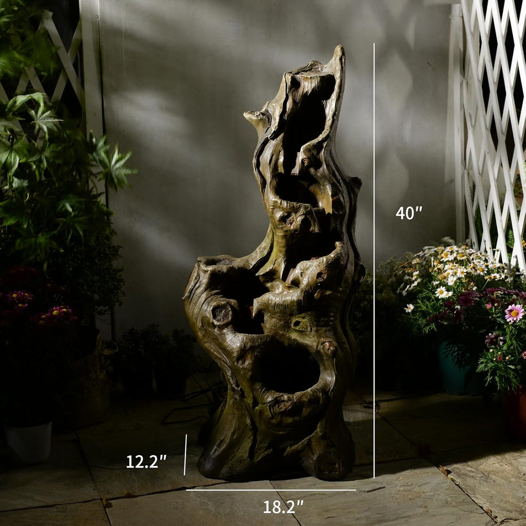 Sunlinua Water Fountain Outdoor 5-Tiers Large Cascading Realistic Tree Trunk Natural Waterfall Outdoor Fountains Resin Imitation Wood with LED Lights for Garden, Patio, Porch
