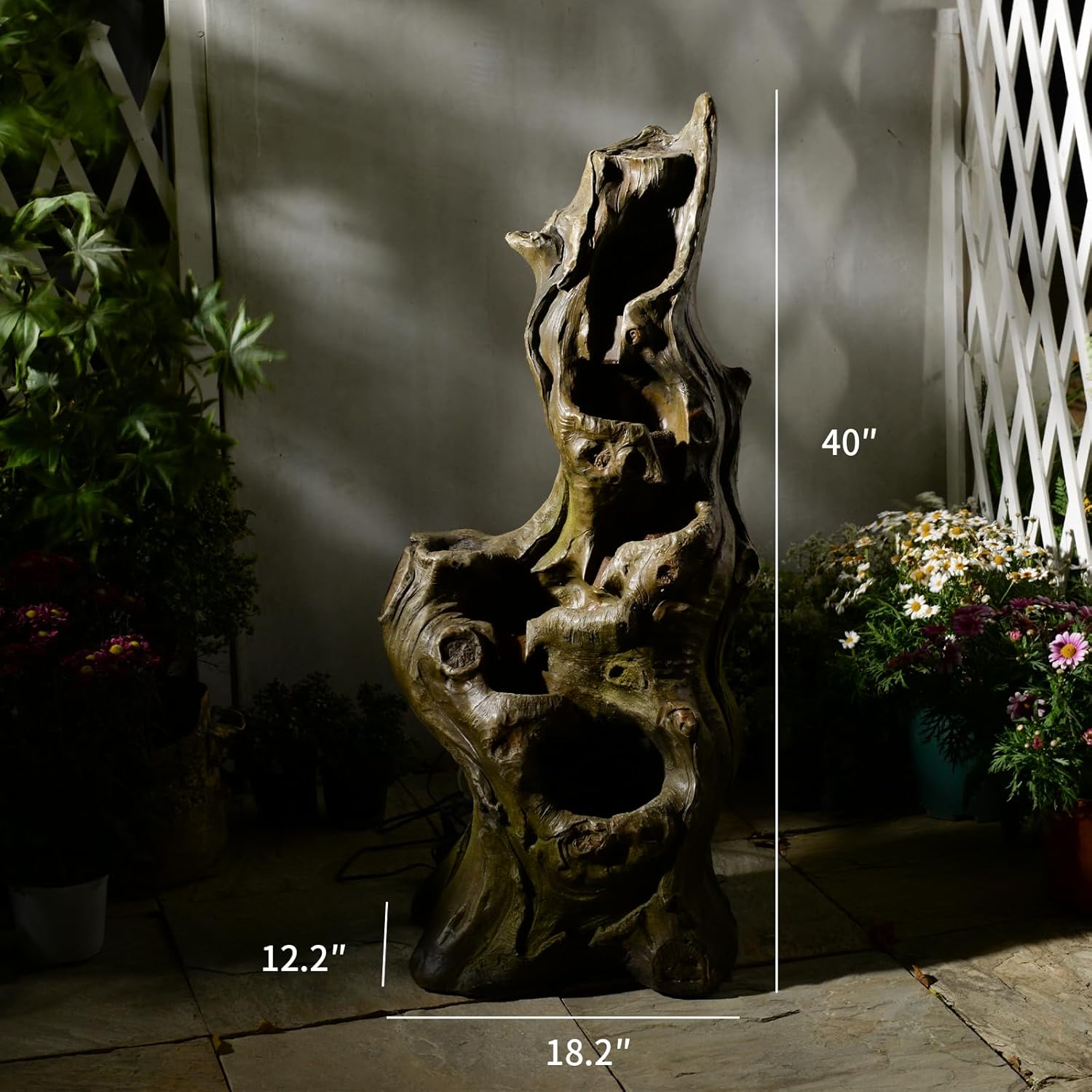 Sunlinua Water Fountain Outdoor 5-Tiers Large Cascading Realistic Tree Trunk Natural Waterfall Outdoor Fountains Resin Imitation Wood with LED Lights for Garden, Patio, Porch