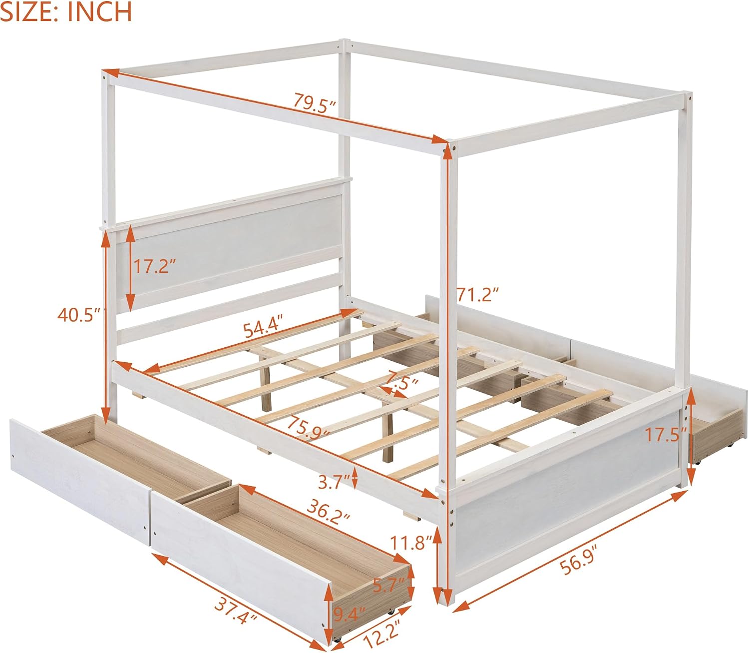 Harper & Bright Designs Wood Canopy Bed with Four Drawers,Full Size Canopy Platform Bed with Support Slats .No Box Spring Needed, Brushed White