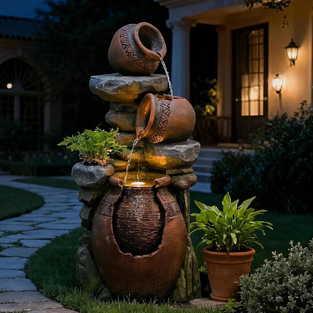 Bumilgar 38.4' H Garden Water Fountain, 3-Tier Cascading Water Features with LED Light, Faux Terracotta Jar Design for Patio, Backyard, Deck, Porch, and Home Art Décor, Brown