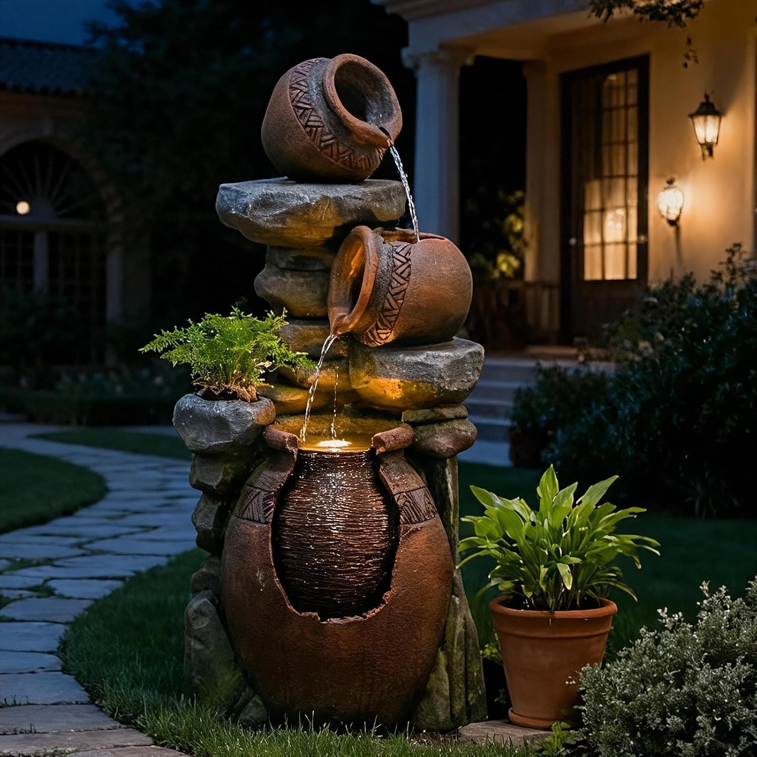 Bumilgar 38.4' H Garden Water Fountain, 3-Tier Cascading Water Features with LED Light, Faux Terracotta Jar Design for Patio, Backyard, Deck, Porch, and Home Art Décor, Brown