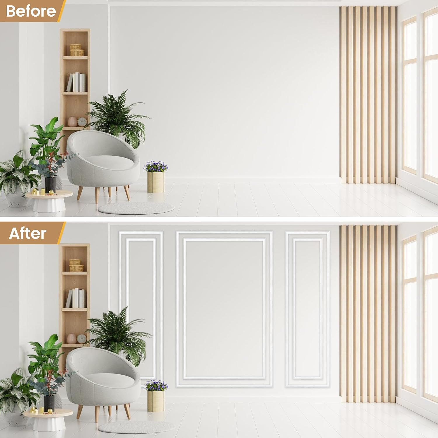 KASARO Pre-Cut Wall Molding Kit, Wainscoting Ready to Assemble 3D Panel for Interior Decor, Premade PS White Picture Frame Style Accent Wall Molding, 6-Frame