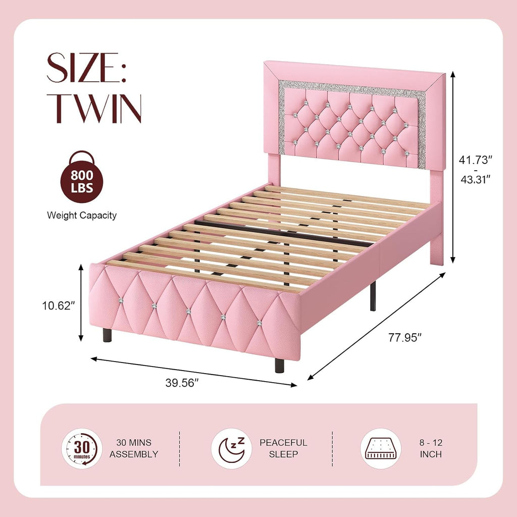 HOMBCK Twin Bed Frame with Diamond Headboard, Faux Leather Upholstered Platform Bed, Mattress Foundation, No Box Spring Needed, Easy Assembly, Pink