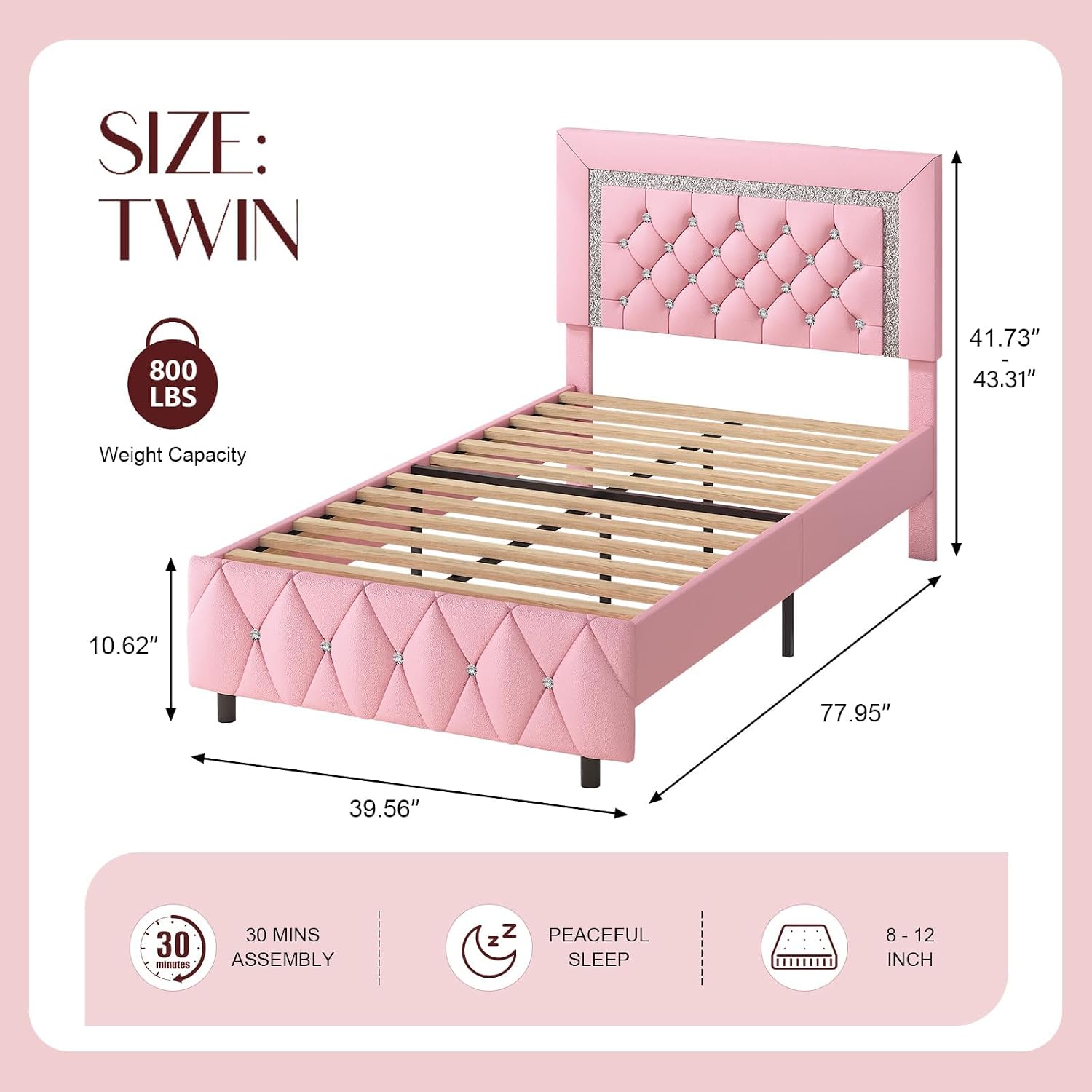 HOMBCK Twin Bed Frame with Diamond Headboard, Faux Leather Upholstered Platform Bed, Mattress Foundation, No Box Spring Needed, Easy Assembly, Pink