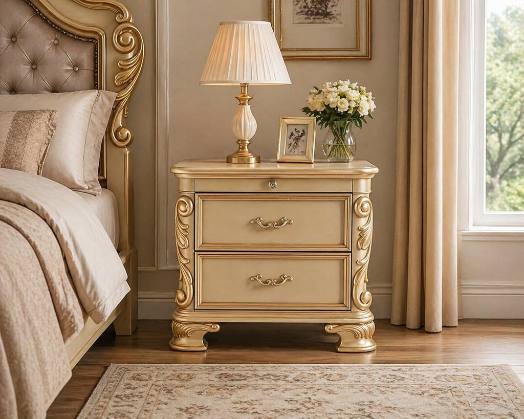 First of a Kind Miranda Gold Finish Traditional Nightstand - High Gloss Style Bedside Table, Upholstered Design, Ornate Carved Wood Accent Furniture for Coordinated Bedroom Interiors