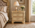 First of a Kind Miranda Gold Finish Traditional Nightstand - High Gloss Style Bedside Table, Upholstered Design, Ornate Carved Wood Accent Furniture for Coordinated Bedroom Interiors