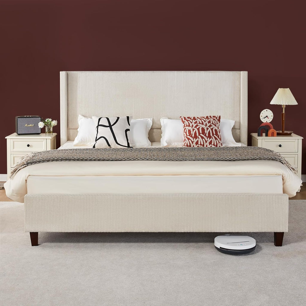 VanAcc Queen Size Platform Bed Frame, 50.8' Corduroy Upholstered Bed with Vertical Channel Tufted Headboard/Wooden Slats/Wingback/No Box Spring Required/Beige