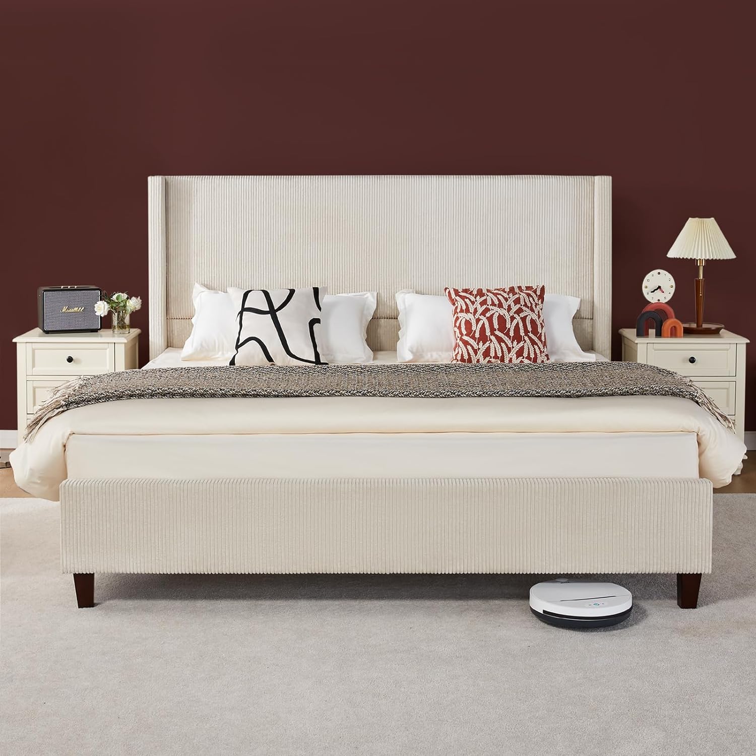 VanAcc Queen Size Platform Bed Frame, 50.8' Corduroy Upholstered Bed with Vertical Channel Tufted Headboard/Wooden Slats/Wingback/No Box Spring Required/Beige
