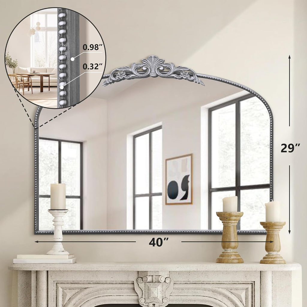 Micasso Large Vintage Silver Mirror: 40'x29' French Baroque Antique Arched Mirror - Traditional Ornate Decorative for Wall/Fireplace/Mantel/Entryway/Bathroom/Hallway - Home Decor for Living Room
