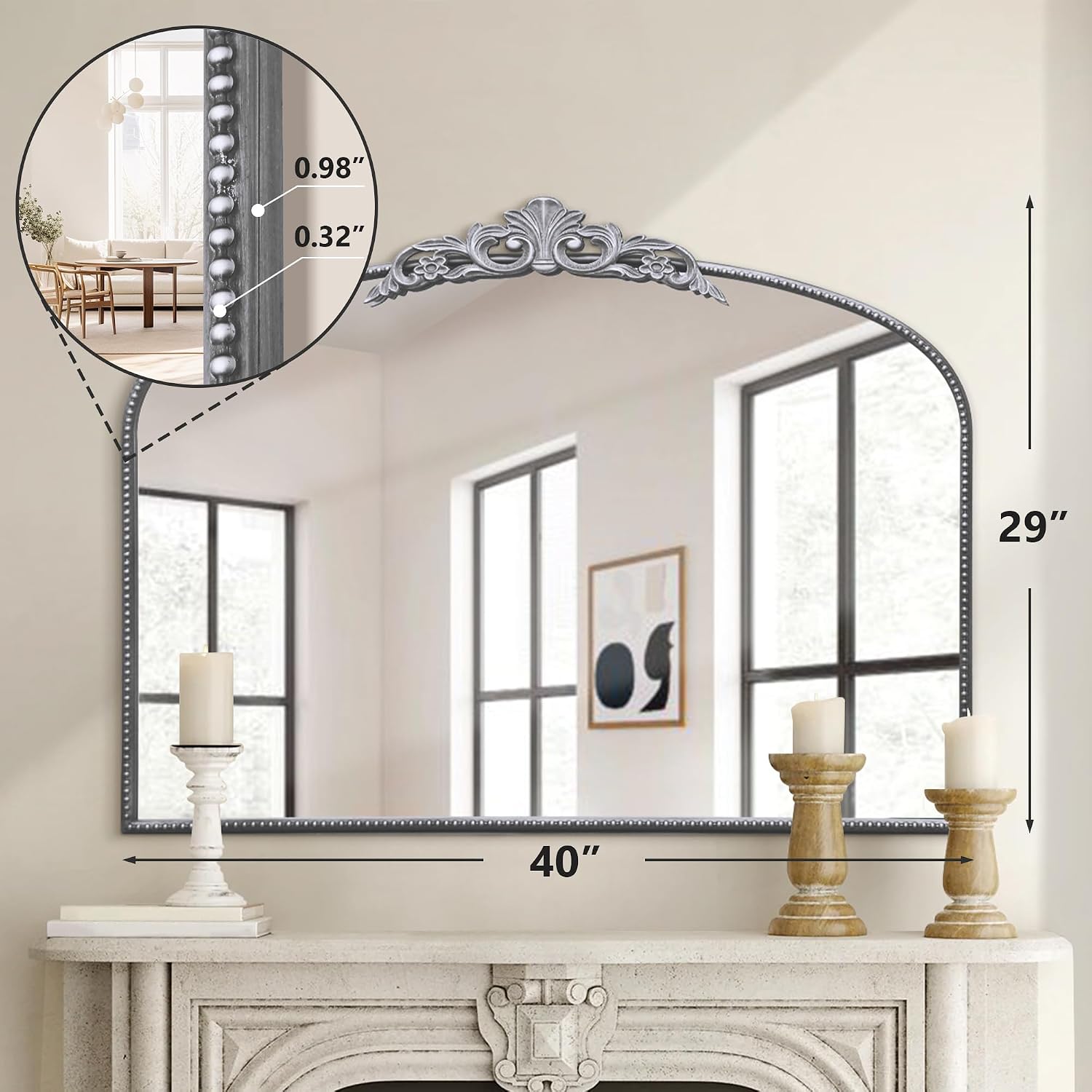 Micasso Large Vintage Silver Mirror: 40'x29' French Baroque Antique Arched Mirror - Traditional Ornate Decorative for Wall/Fireplace/Mantel/Entryway/Bathroom/Hallway - Home Decor for Living Room
