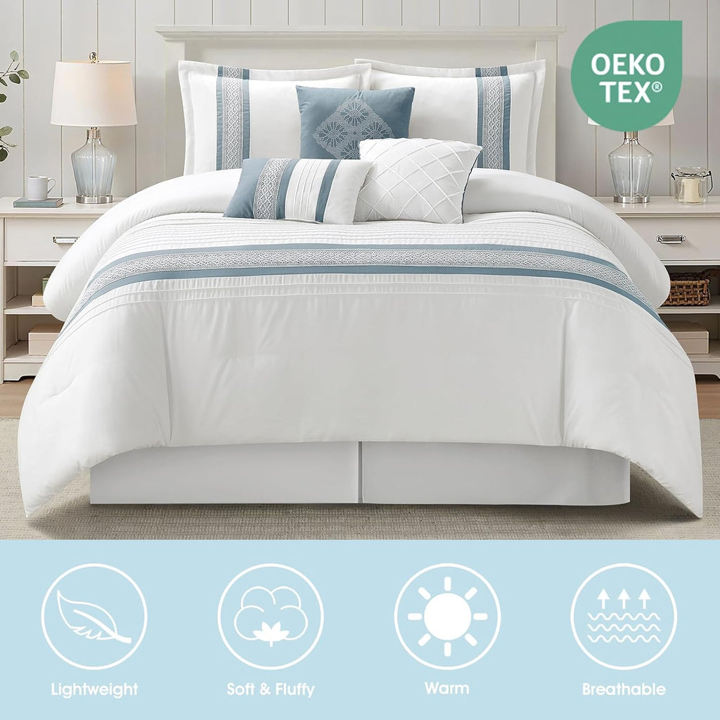 LANCO MODERN LIFESTYLE 7 Piece Comforter Set, Blue White, Queen Size, Boho Style Geometric Microfiber Embroidery, Bed in a Bag with Bedskirt, Pillow Shams and Decor Pillows