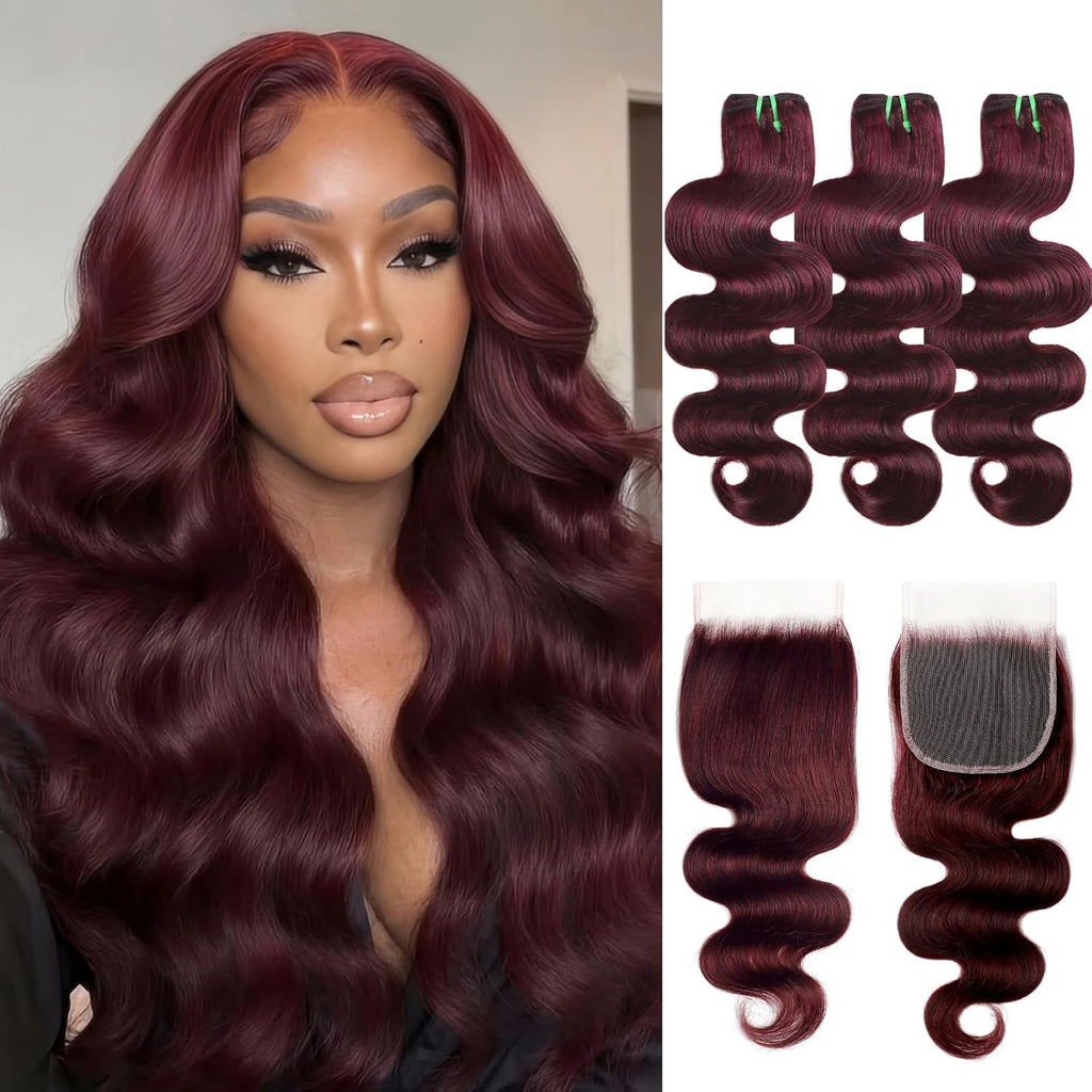 Double Drawn Dark Burgundy Human Hair Bundles with 4x4 Lace Closure, 13A 100% Raw Hair Body Wave #99J Wine Red Colored 3 Bundles with HD Transparent Lace Free Parting 10 12 14 + 10 Inch