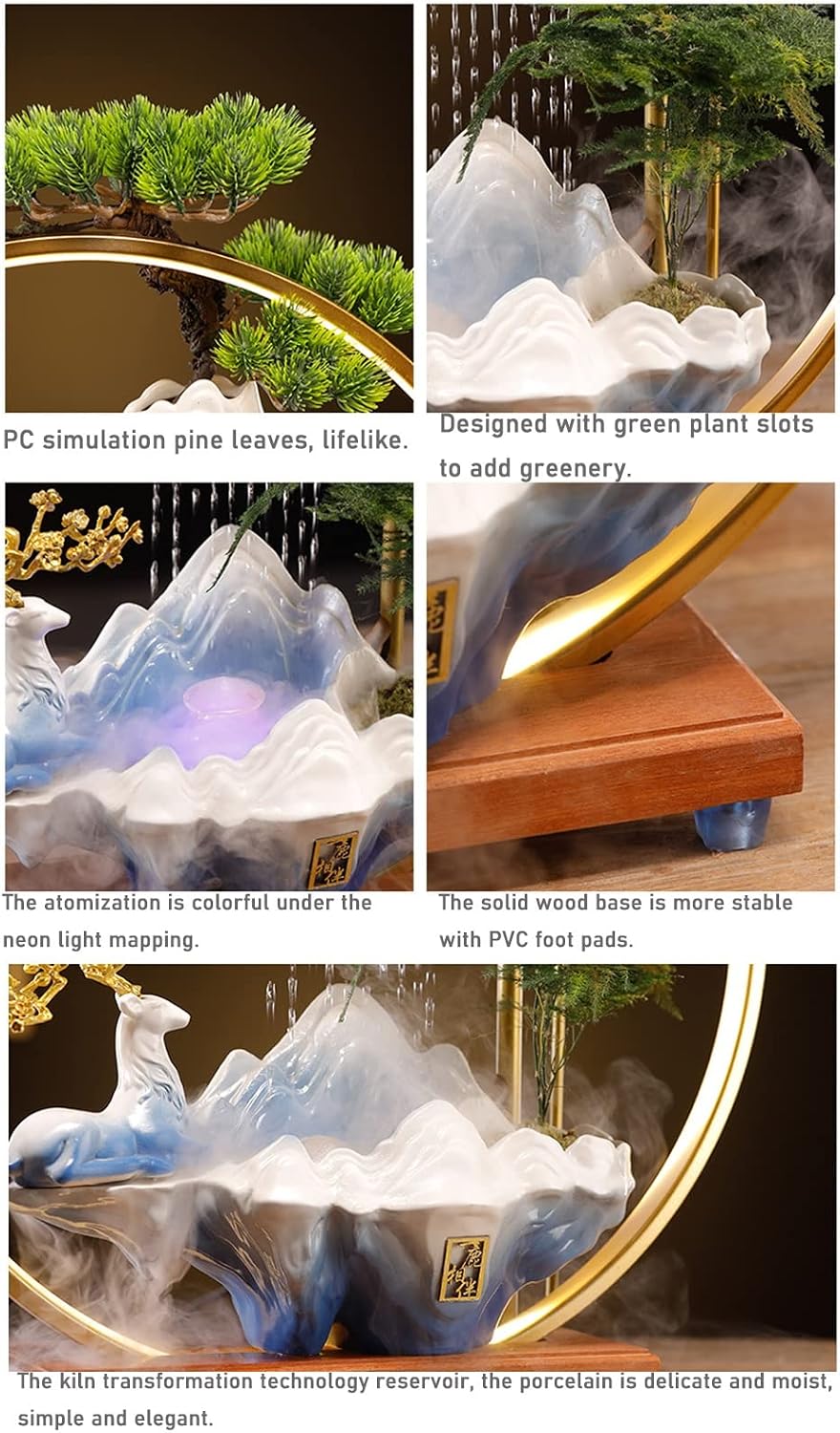 Ceramics Rockery Waterfall Indoor Mini Tabletop Water Fountain with LED Lights, Atomizing Humidifier Home Office Decorations Lucky Flowing Water Decoration (Color : Style 2)