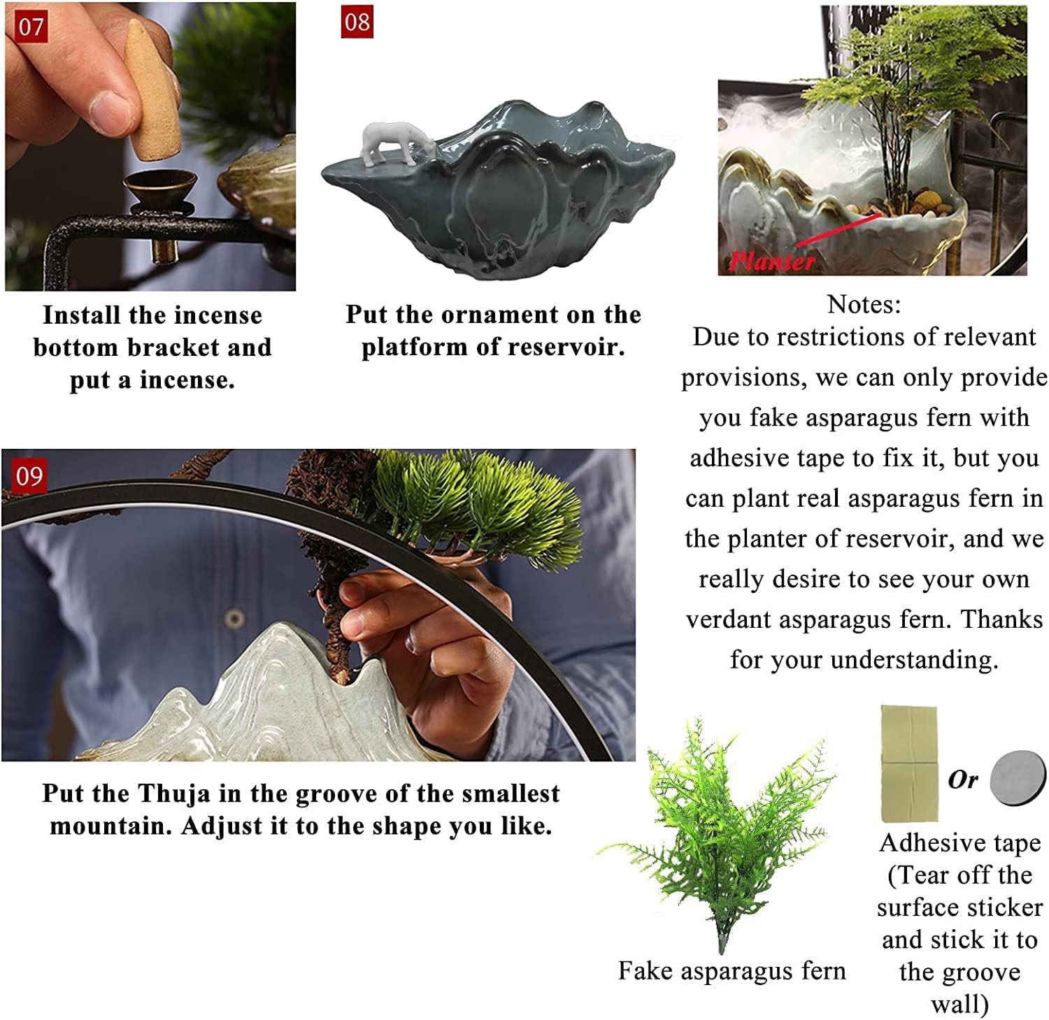Tabletop Water Fountains - Indoor Waterfall with Mist LED - Japanese Indoor Water Fountains for Meditation - Includes Backflow Incense and Fake Plants - Feng Shui Decor for Good Luck and Wealth