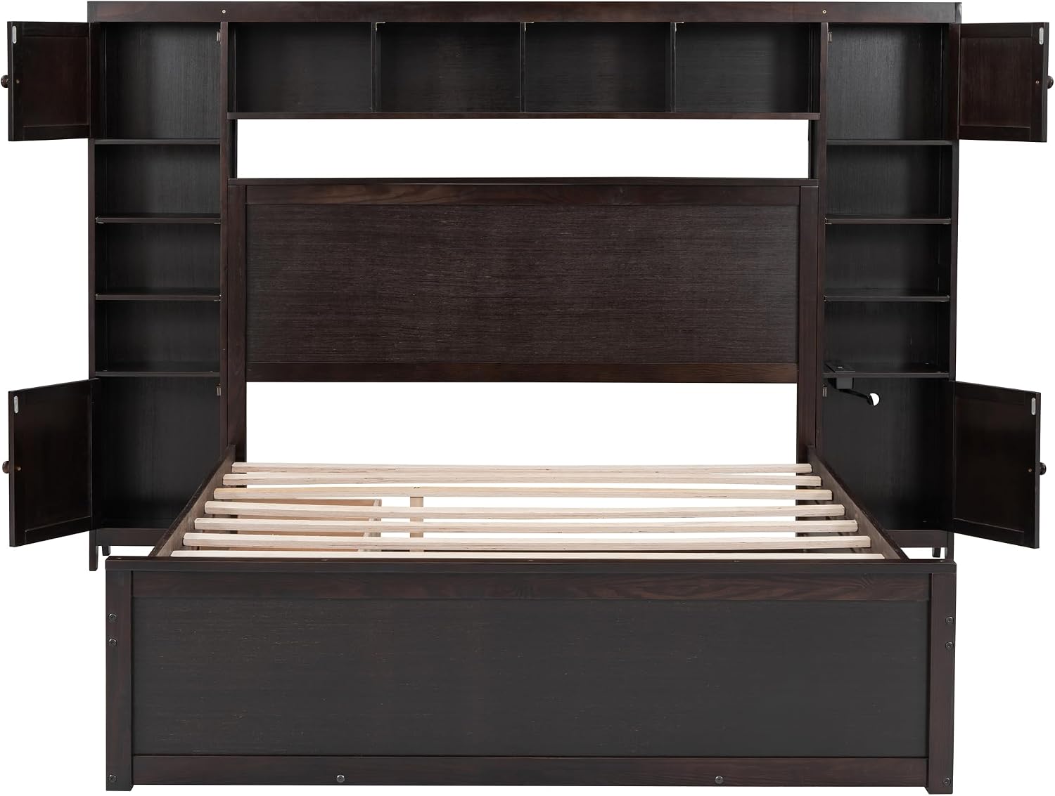 Queen Platform Bed with All-in-One Cabinet, Shelf and Sockets, Wood Queen Beds with 2 Storage Drawers and Trundle, Queen Size Bed Frame for Bed Room, No Box Spring Needed,Espresso