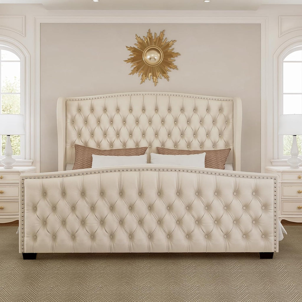 LUXOAK Queen Platform Bed Frame with Wingback Headboard, Velvet Upholstered Bed Frame with Handmade Button Tufted & Nailhead, Wooden Slats Support, Cream
