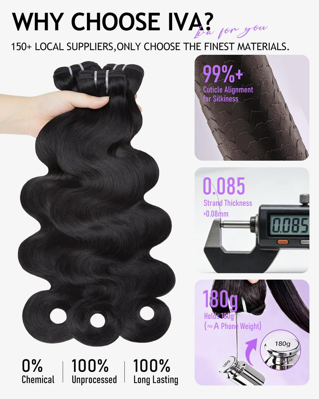 IVA 16A Body Wave Bundles Human Hair, 100% Raw Human Hair Bundles 14 16 18 Inch, Triple Lifespan, No Tangle No Shedding, Repeated Washes Maintain Silky Texture