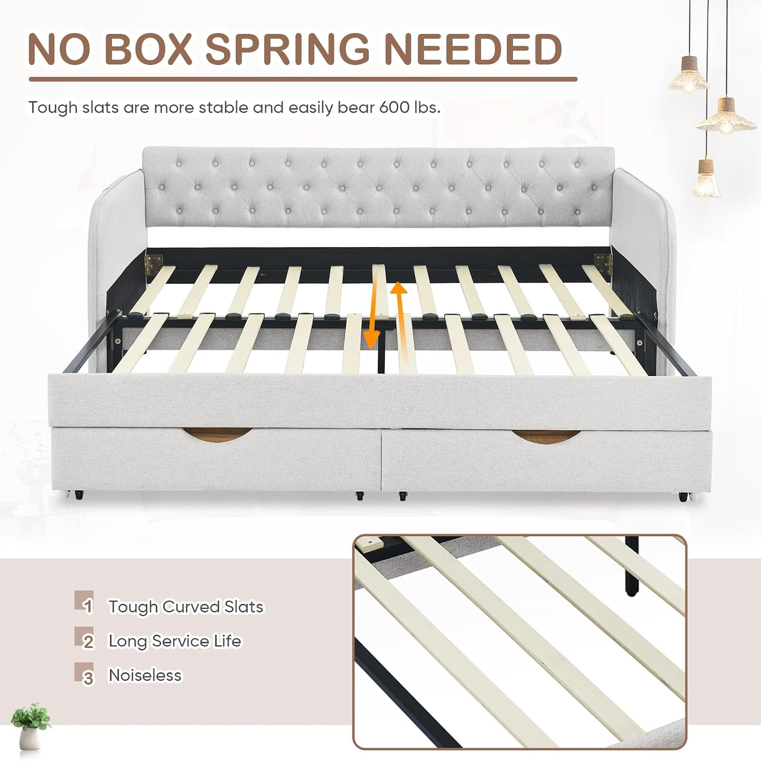 Antetek 80.5' Daybed with Drawer, Modern Button Tufted Linen Day Bed with Trundle Bed Twin to King, Upholstered Daybed Frame w/Storage Pocket for Bedroom, Living Room, No Box Spring Needed, Beige