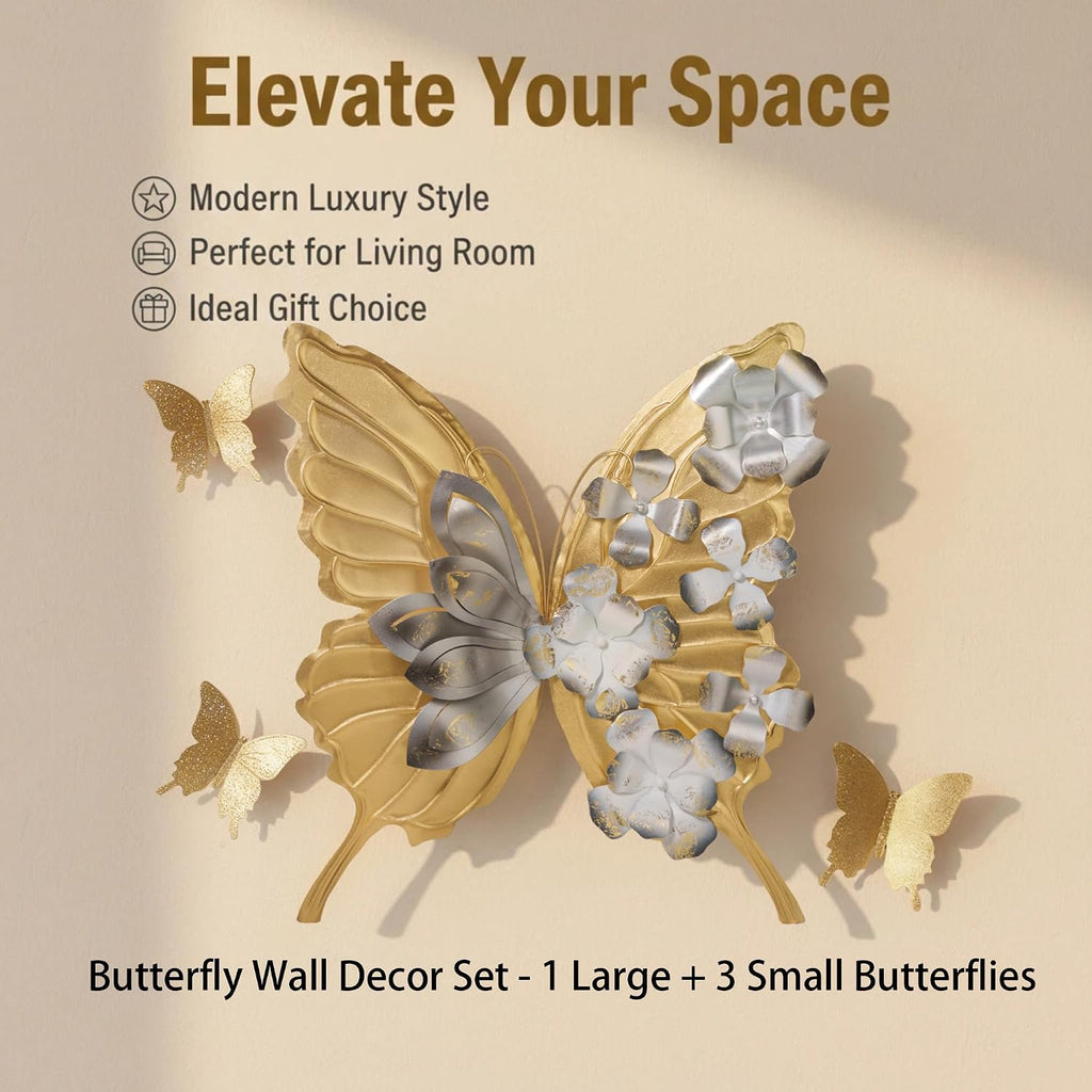 XWYLFDC Large Sized 3D Metal Wall Art Featuring Golden Butterfly With Black And White Gradient Flowers Exudes Luxury And Is Suitable Wall Decor For Living rooms Bedrooms Kitchens And Offices