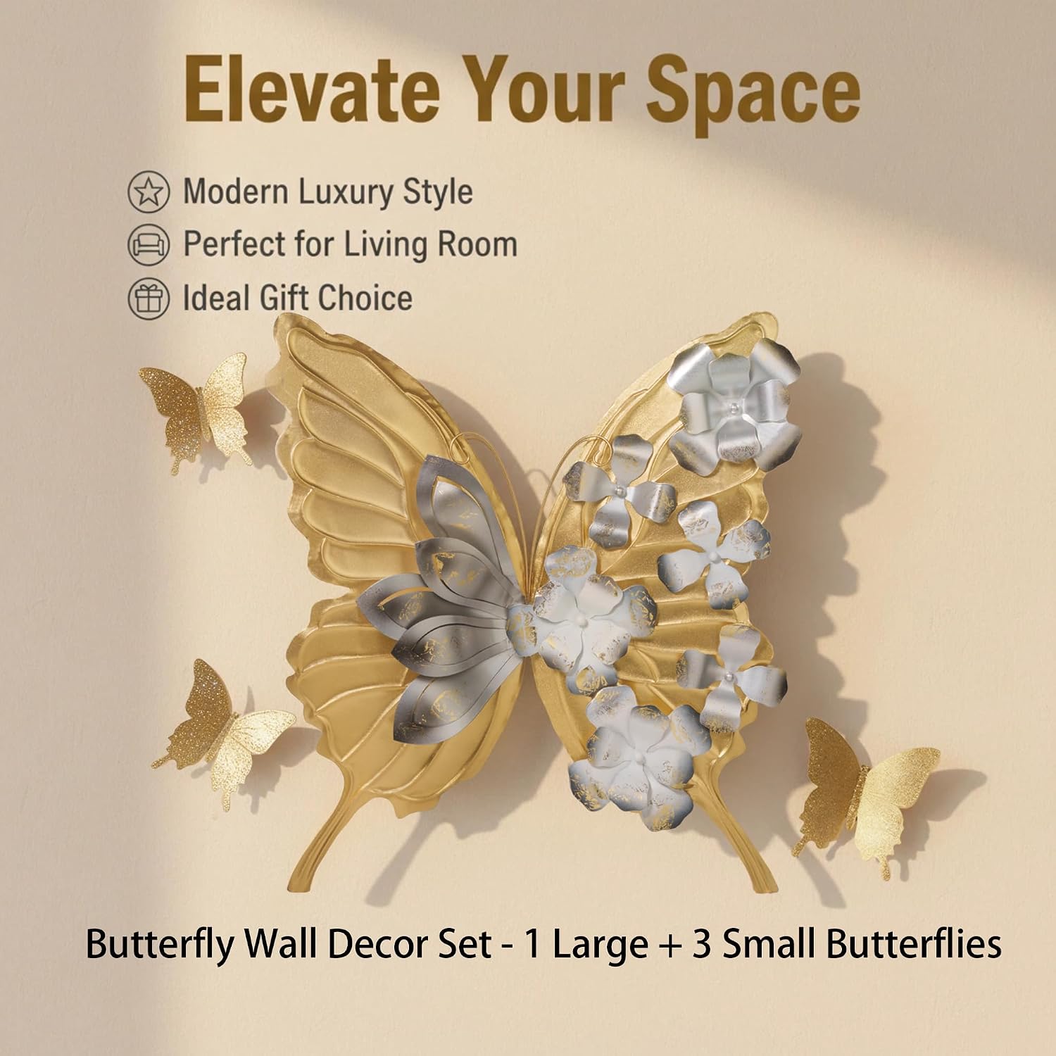 XWYLFDC Large Sized 3D Metal Wall Art Featuring Golden Butterfly With Black And White Gradient Flowers Exudes Luxury And Is Suitable Wall Decor For Living rooms Bedrooms Kitchens And Offices