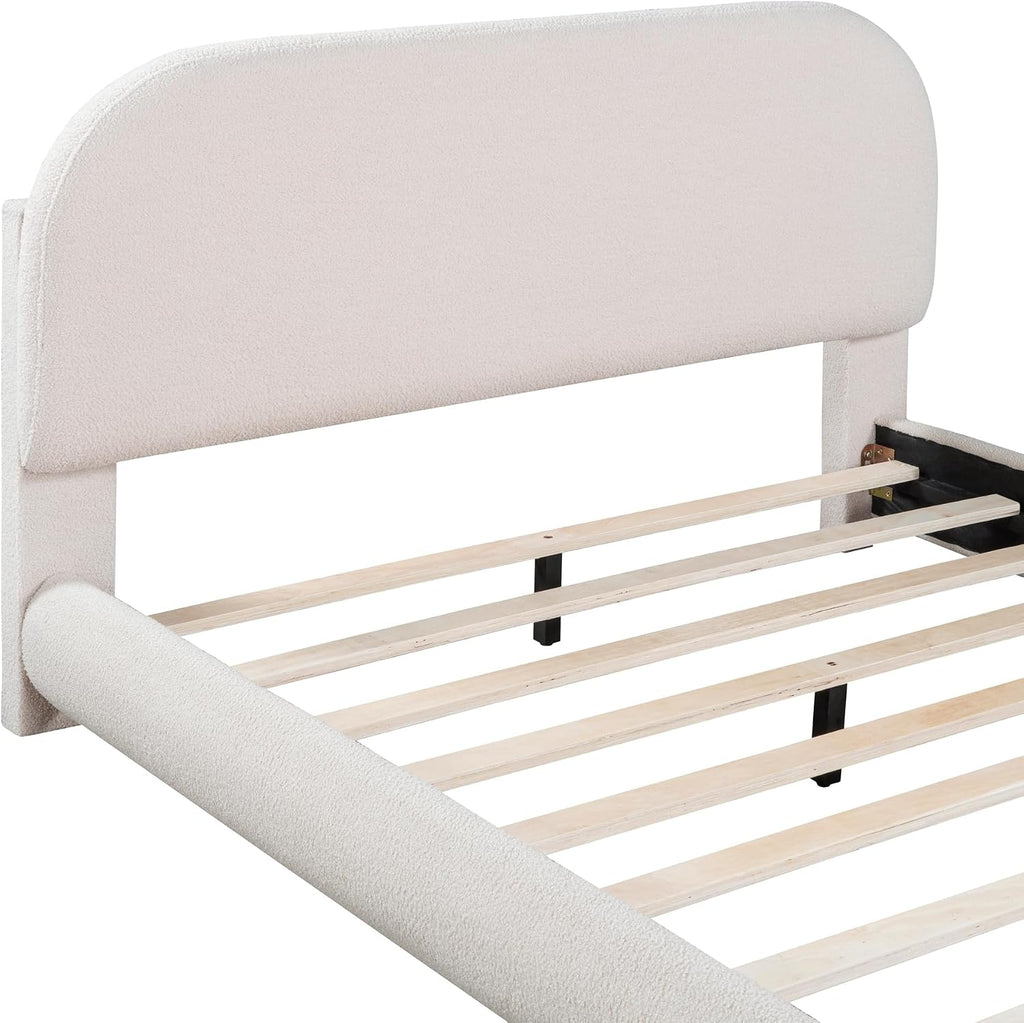 KLMM Teddy Fleece Full Size Upholstered Platform Bed with Thick Fabric, Solid Frame and Stylish Curve-Shaped Design,for Kids Teens Adults Bedroom (Beige@Teddy Fleece/, Full)