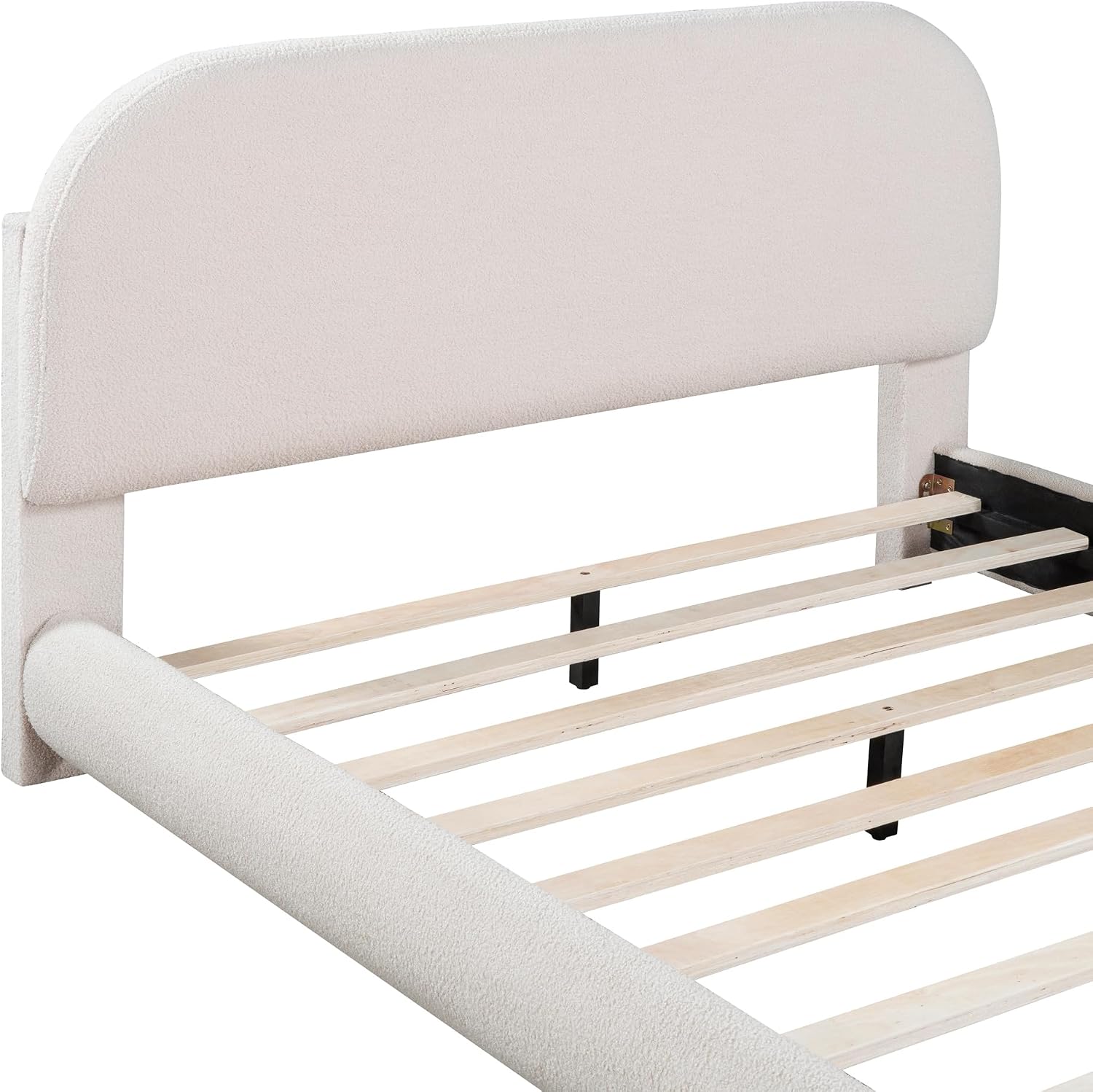 KLMM Teddy Fleece Full Size Upholstered Platform Bed with Thick Fabric, Solid Frame and Stylish Curve-Shaped Design,for Kids Teens Adults Bedroom (Beige@Teddy Fleece/, Full)
