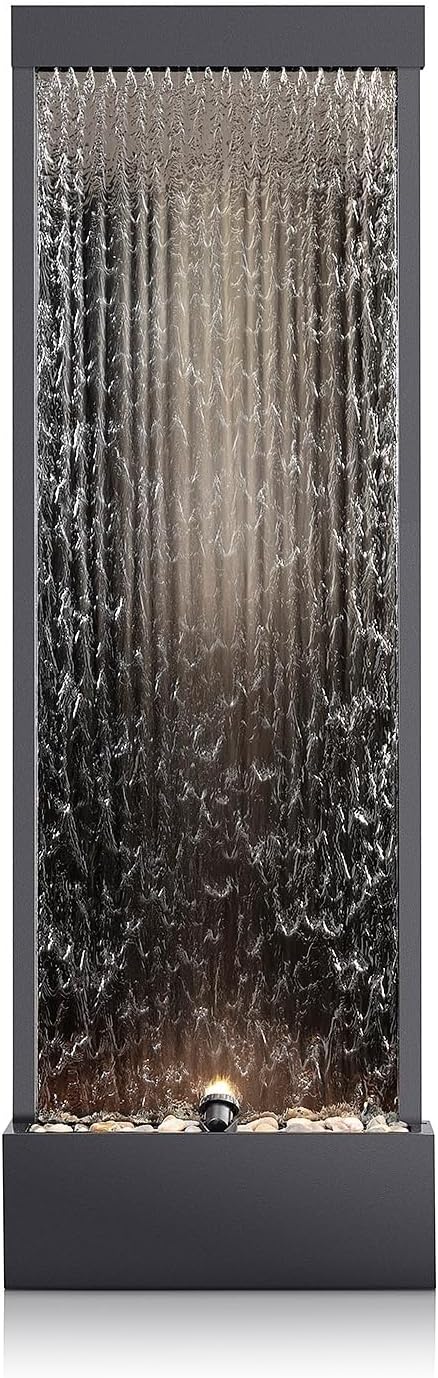 Alpine Corporation Mirror Waterfall Fountain with Stones and Lights - Zen Indoor/Outdoor Decor for Office, Living Room, Patio, Entryway - 72 Inches