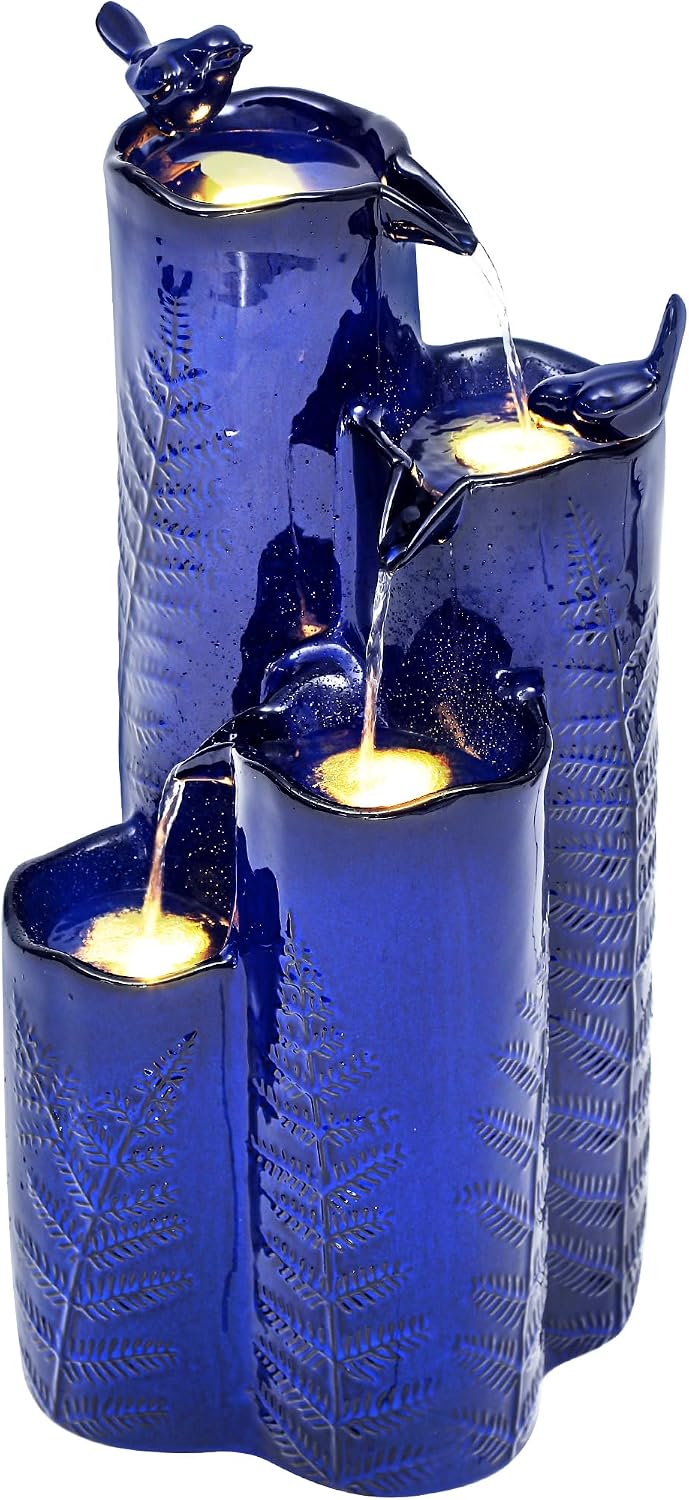 32' Outdoor Water Fountain, Ceramic Outdoor Fountain, Stacked 4-Tier Vase Waterfalls for Garden, Patio, Yard, or Porch Decor, Creating Relaxing Serene Oasis, Embossed Leaf Pattern, Cobalt Blue