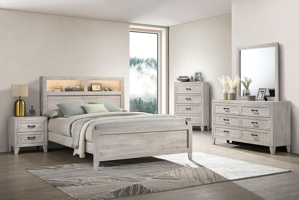 MASARA 5-Piece Contemporary Bedroom Set, Queen Size with Lighted Headboard Shelves, White Wash Finish.