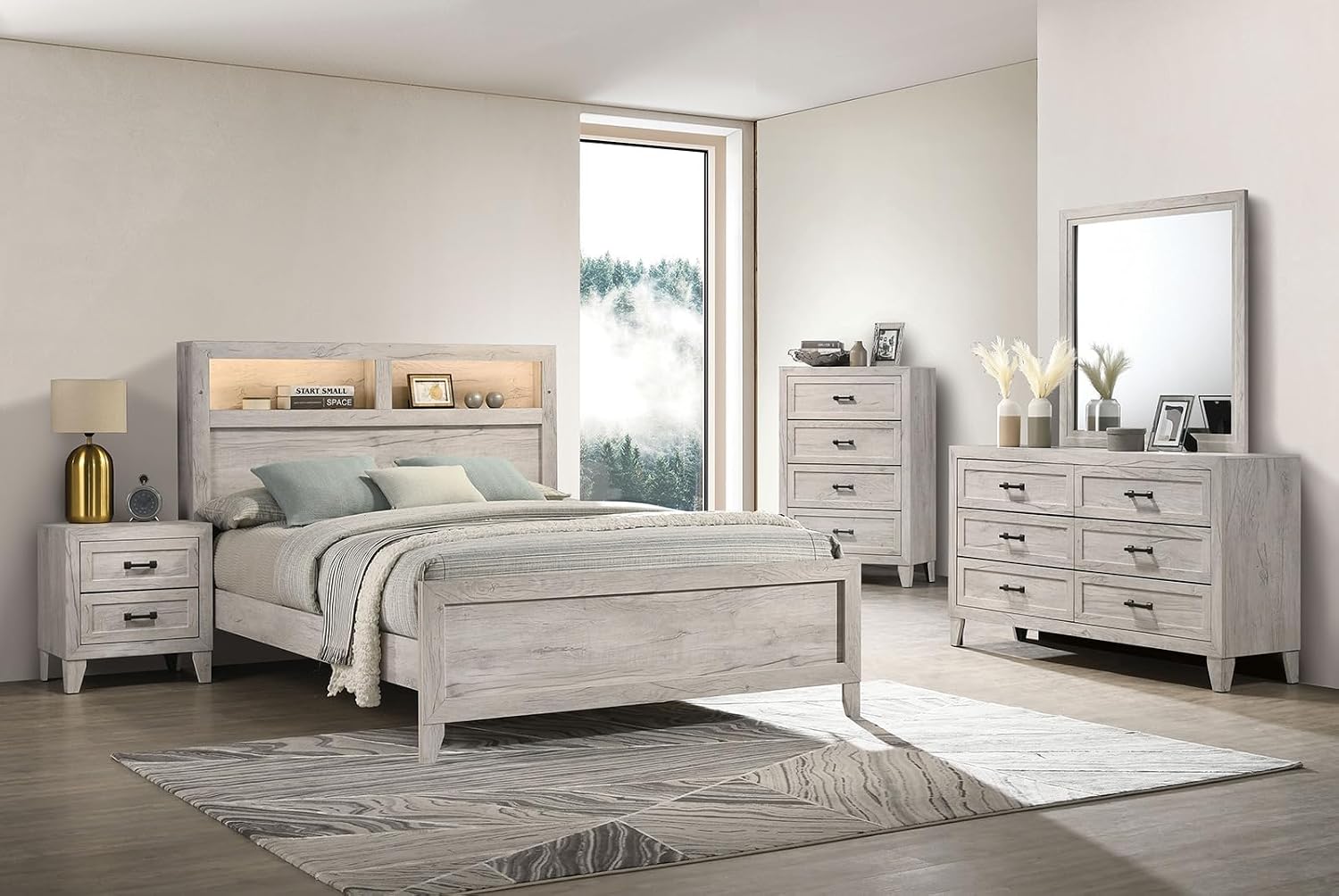 MASARA 5-Piece Contemporary Bedroom Set, Queen Size with Lighted Headboard Shelves, White Wash Finish.