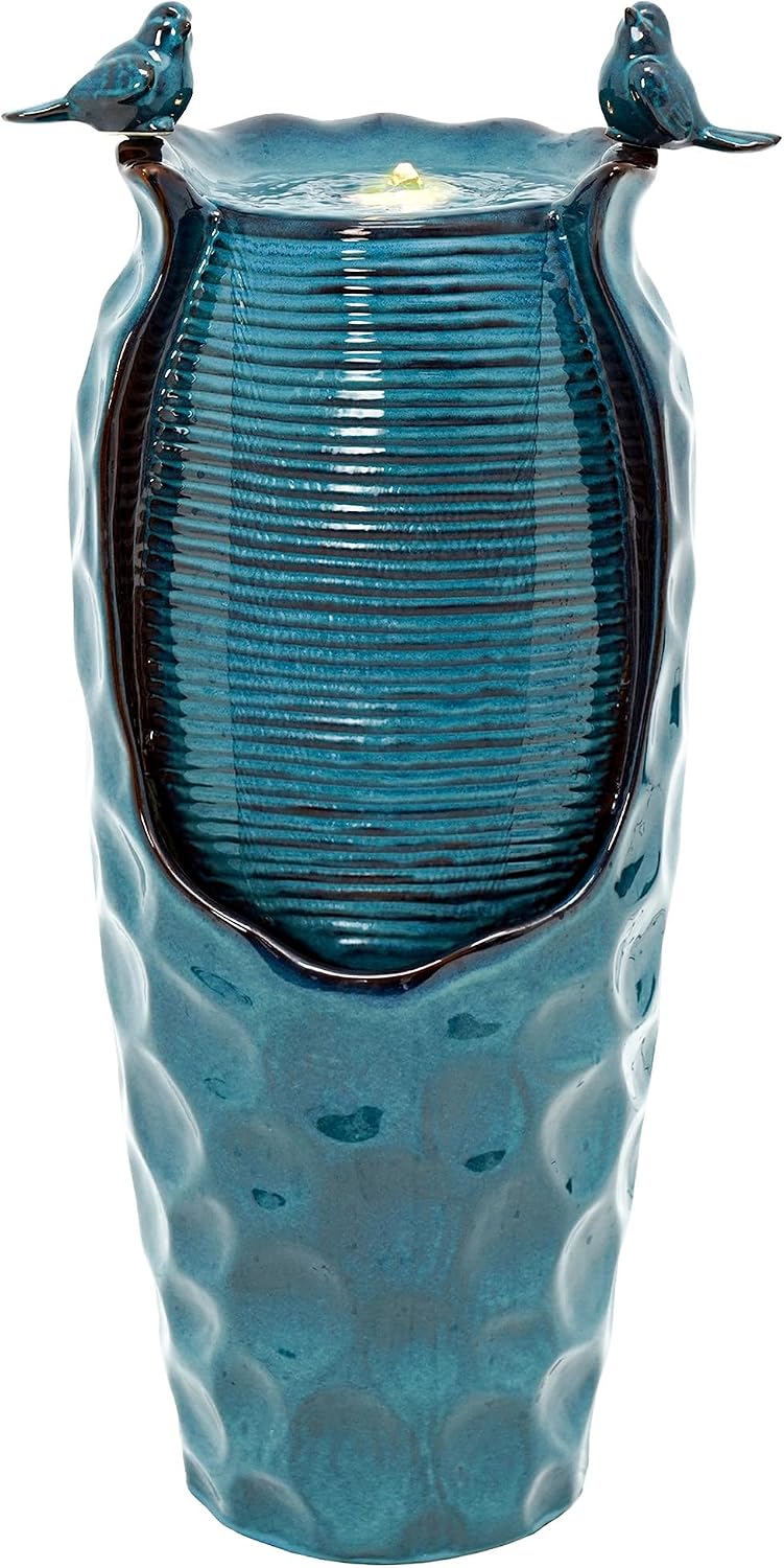 32.5' H Ceramic Jar Outdoor Fountain, Honeycomb Pot Water Feature with LED Lights, Soothing Trickling Waterfall for Garden, Patio, Yard, Balcony Oasis, KD Vivid Birds, Turquoise Glaze