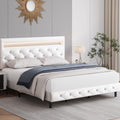 Keyluv Modern Upholstered Full Size Bed Frame with LED Lights, Faux Leather Low Profile Platform Bed Frame, Adjustable Crystal Button Tufted Headboard, Strong Wood Slat Support, Easy Assembly, White